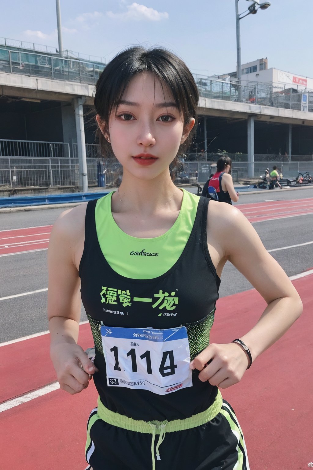 1girl, marathon runner, black hair, young, energetic, sportswear, running shoes, number bib, race track, crowd cheering, clear sky, sun shining, vibrant colors, dynamic pose, sweat detail, focused expression, (muscle tone:1.2), (skin glow:1.1), wide-angle lens, best quality, masterpiece.