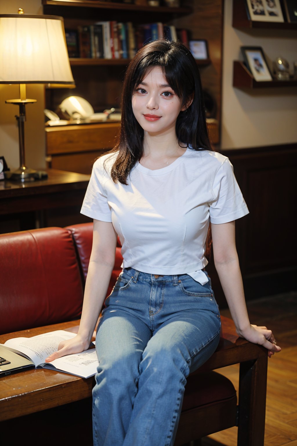 1girl, beautiful, black hair, smiling, sitting in a cafe, (18yo), detailed eyes, light blush, casual wear, white t-shirt, jeans, coffee cup in hand, surrounded by cafe ambiance, wooden tables, cozy lighting, books on shelves, (vintage clock:1.2), realistic, depth of field, ambient light, (cinematic composition:1.3), soft focus background, HDR, Accent Lighting, medium shot, best quality, masterpiece.