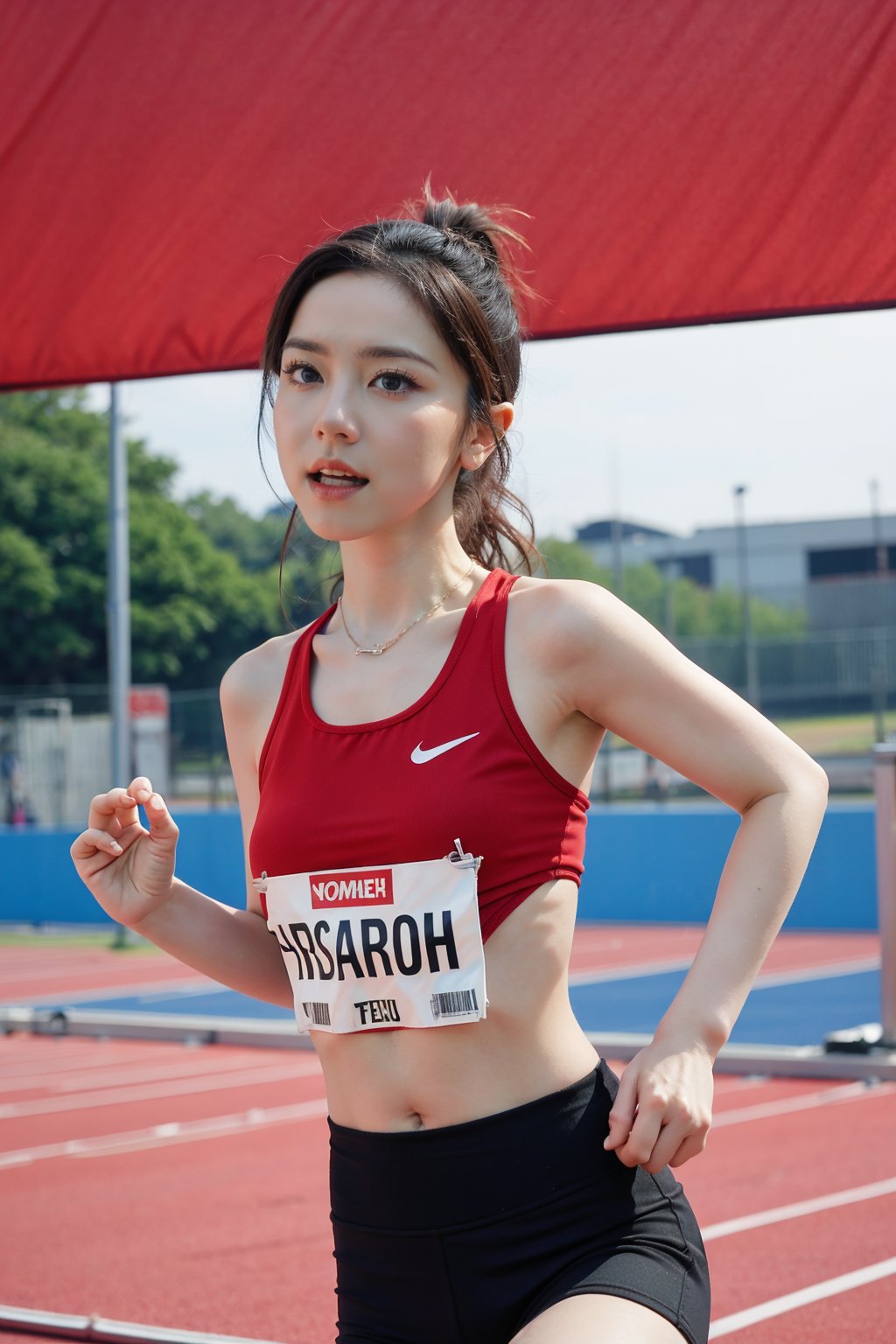 1girl, black hair, beautiful, marathon runner, competition, athletic outfit, running shoes, dynamic pose, sweating, determined expression, (track and field:1.3), sports track, clear sky, daytime, vibrant atmosphere, realistic style, wide-angle lens, best quality, masterpiece