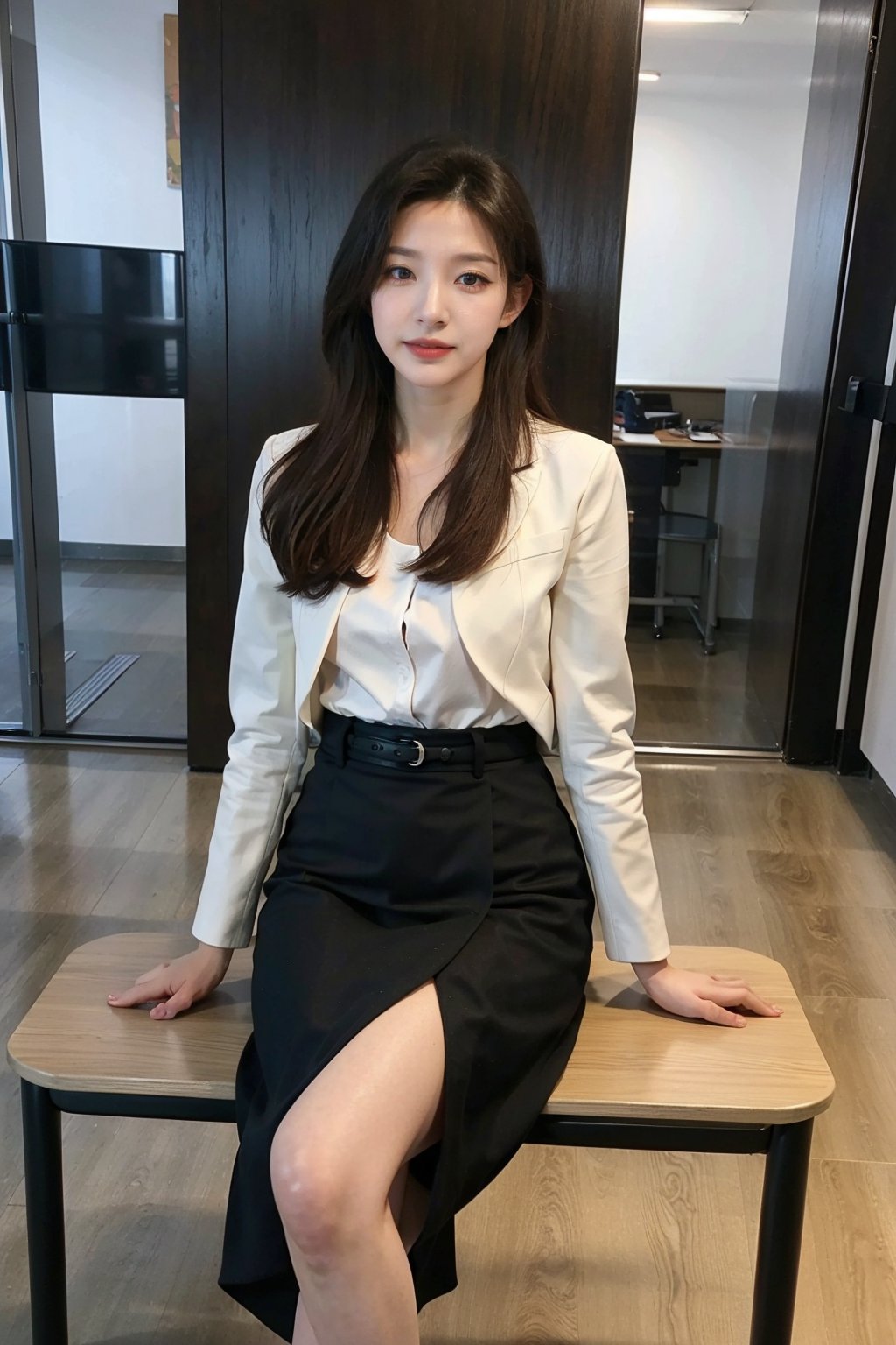 1girl, office lady, solo, (20yo), beautiful, detailed eyes, black hair, long hair, professional attire, suit jacket, pencil skirt, high heels, sitting at desk, computer on desk, office environment, modern interior, window view, sunlight, beautifully detailed background, depth of field, realistic, ambient light, (cinematic composition:1.3), HDR, Accent Lighting, wide-angle lens, best quality, masterpiece