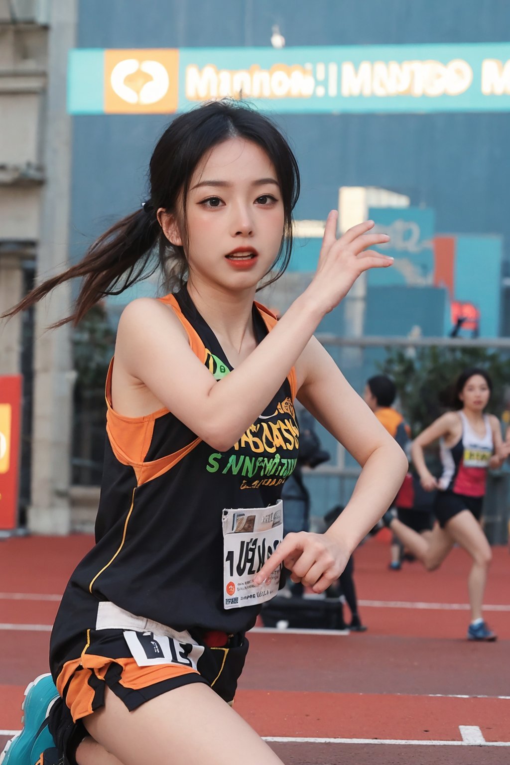 1girl, black hair, full body, sportswear, marathon running, dynamic pose, (16yo), determined expression, sweat, windblown hair, city marathon background, crowd cheering, clear sky, sunrise, vibrant colors, energy boost, detailed muscles, motion blur: legs, high quality, best quality, masterpiece.