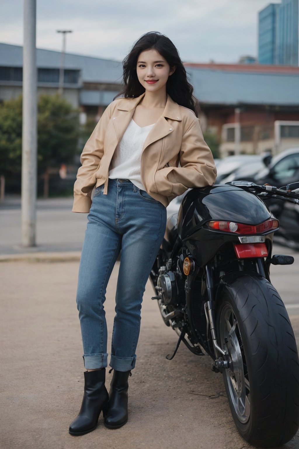 1girl, black hair, solo, (20yo), beautiful detailed eyes, smiling,leather jacket, jeans, boots, motorcycle, dynamic pose, clear sky background, realistic style, ambient light, (cinematic composition:1.3), wide-angle lens, best quality, masterpiece