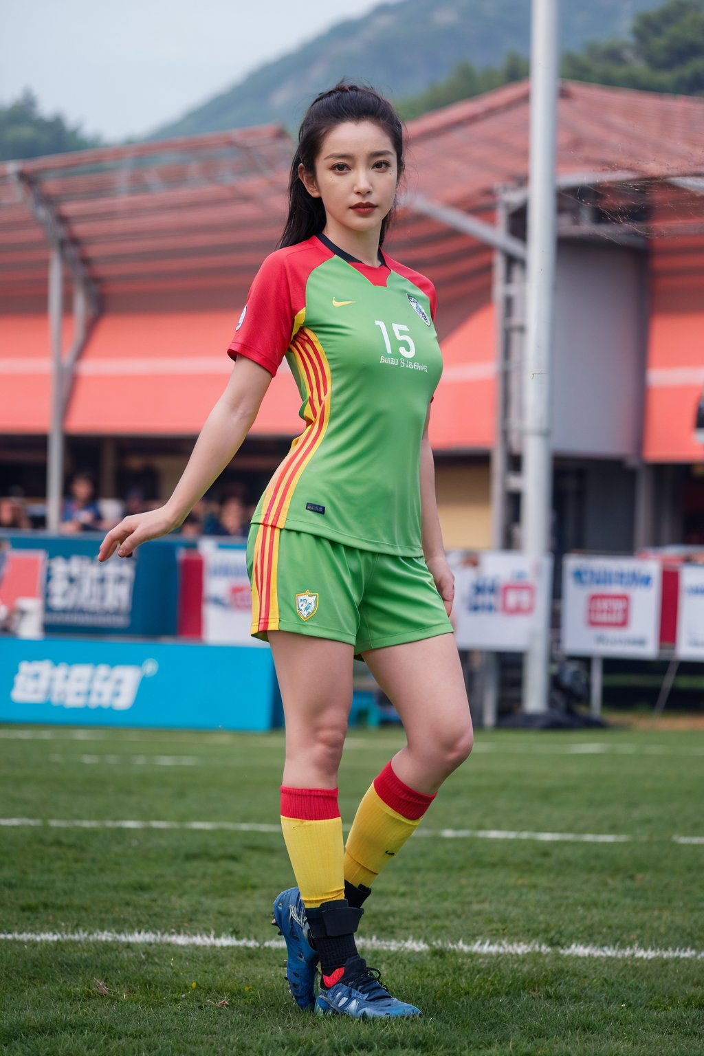 1girl, black hair, full body, soccer uniform, detailed facial features, bright eyes, Cleavage,athletic posture, standing, soccer cleats, green field, outdoor, sunny day, dynamic pose, high quality, masterpiece