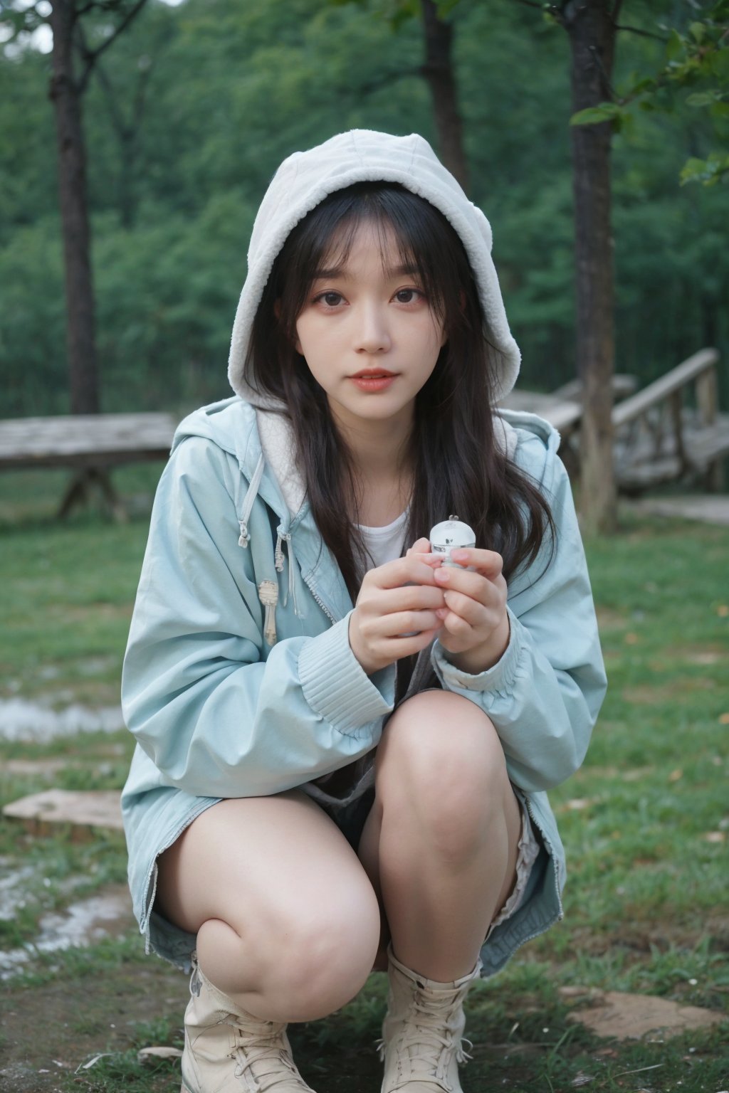 1girl, black hair, teenage, (20yo), survival scenario, wilderness, raining, wearing a jacket, waterproof, hood up, determined expression, holding a compass, surrounded by trees, muddy ground, puddles, mist, realistic, high dynamic range, depth of field, (cinematic composition:1.3), ambient light, wide-angle lens, best quality, masterpiece.