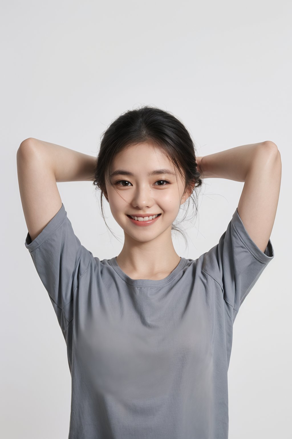 1girl, black hair, smiling, ID photo style, solid color background, (18yo),(arms behind head:1.2), clear skin, bright eyes, natural makeup, casual clothing, high resolution, best quality, masterpiece.