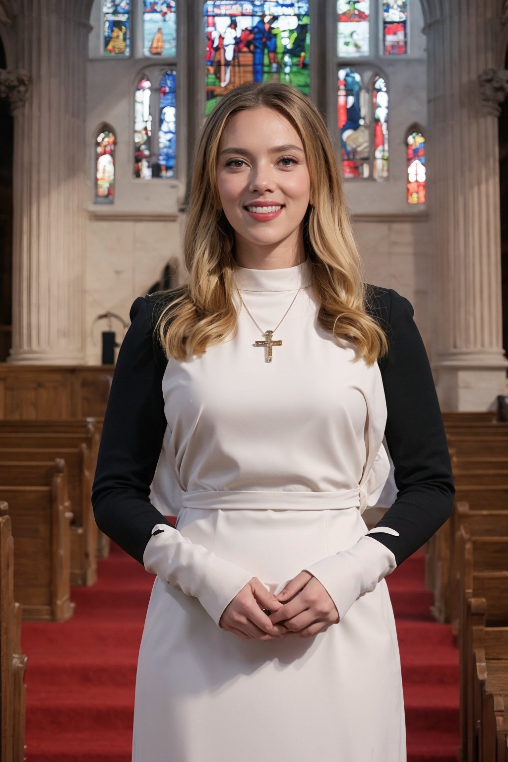 1girl, black hair, long hair, nun uniform, standing, church background, smiling, detailed eyes, (16yo), white habit, (cross necklace:1.2), soft lighting, stained glass windows, pews, altar in distance, high ceilings, peaceful atmosphere, depth of field, realistic, (cinematic composition:1.3), HDR, Accent Lighting, wide-angle lens, best quality, masterpiece.