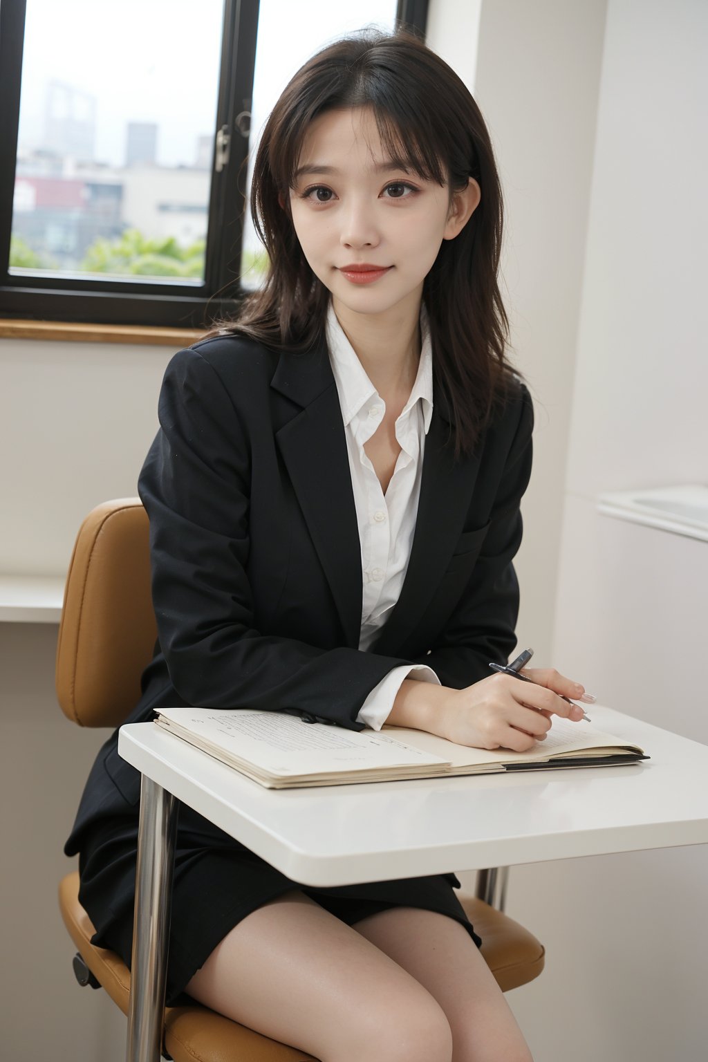 1girl, office lady, solo, (20yo), beautiful, detailed eyes, black hair, long hair, professional attire, suit jacket, pencil skirt, high heels, sitting at desk, computer on desk, office environment, modern interior, window view, sunlight, beautifully detailed background, depth of field, realistic, ambient light, (cinematic composition:1.3), HDR, Accent Lighting, wide-angle lens, best quality, masterpiece