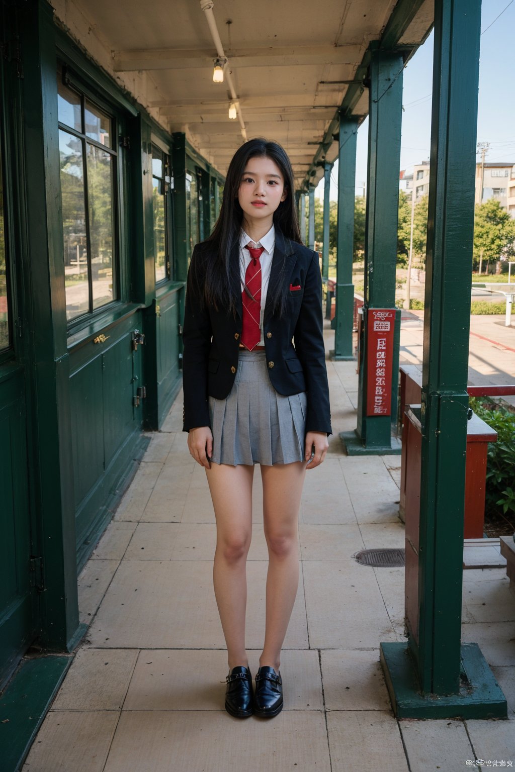 1girl, high school student, black hair,standing, full body, school uniform, (school building:1.2), (classroom:0.8), (school yard:1.0), (school corridor:0.9), (library:0.7), (gymnasium:0.6), best quality, masterpiece