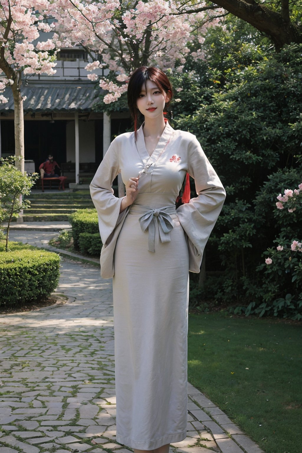 1girl, black hair, full body, standing, Hanfu, smiling, detailed eyes, traditional Chinese clothing, delicate patterns, silk fabric, (red ribbon:1.2), (jade pendant:0.9), ancient China, serene expression, gentle breeze, cherry blossoms, courtyard, stone path, (sunny weather:0.8), soft light, peaceful atmosphere, high definition, best quality, masterpiece.