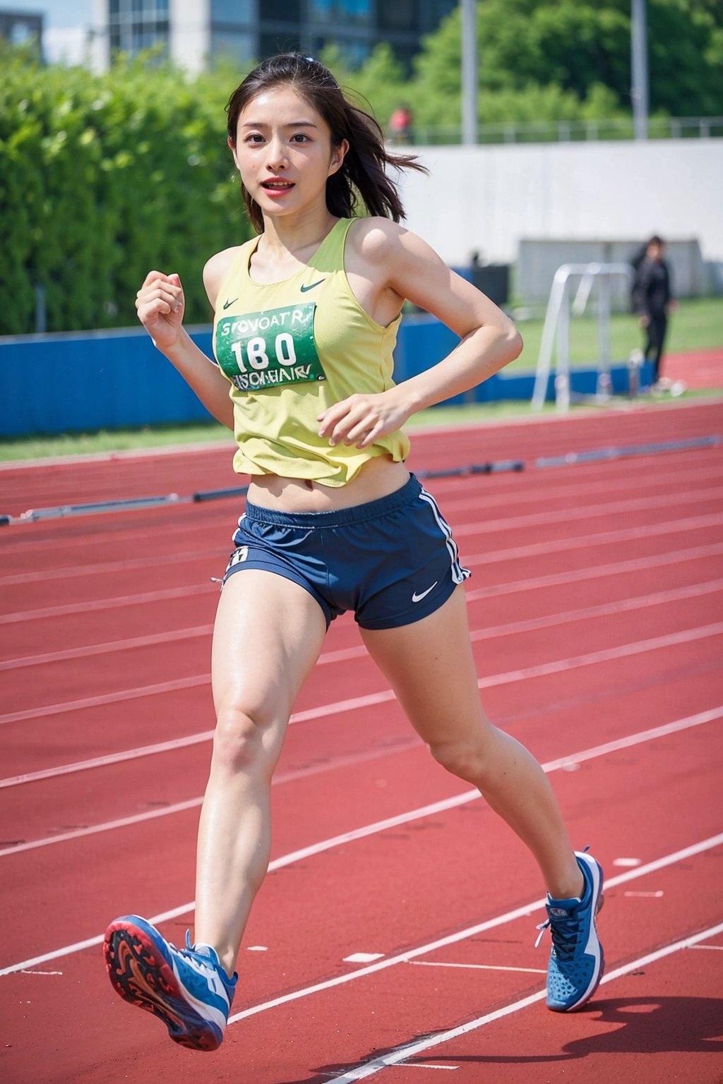 1girl, black hair, beautiful, marathon runner, competition, athletic outfit, running shoes, dynamic pose, sweating, determined expression, (track and field:1.3), sports track, clear sky, daytime, vibrant atmosphere, realistic style, wide-angle lens, best quality, masterpiece