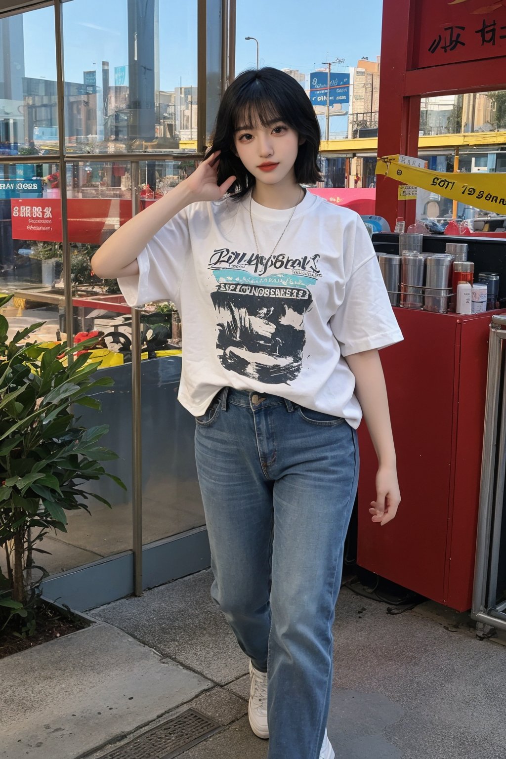 1girl, black hair, running, street, dynamic pose, (20yo), casual wear, short hair, bright eyes, looking forward, sneakers, jeans, t-shirt, city background, daytime, sunlight, realistic, ambient light, (cinematic composition:1.3), wide-angle lens, best quality, masterpiece