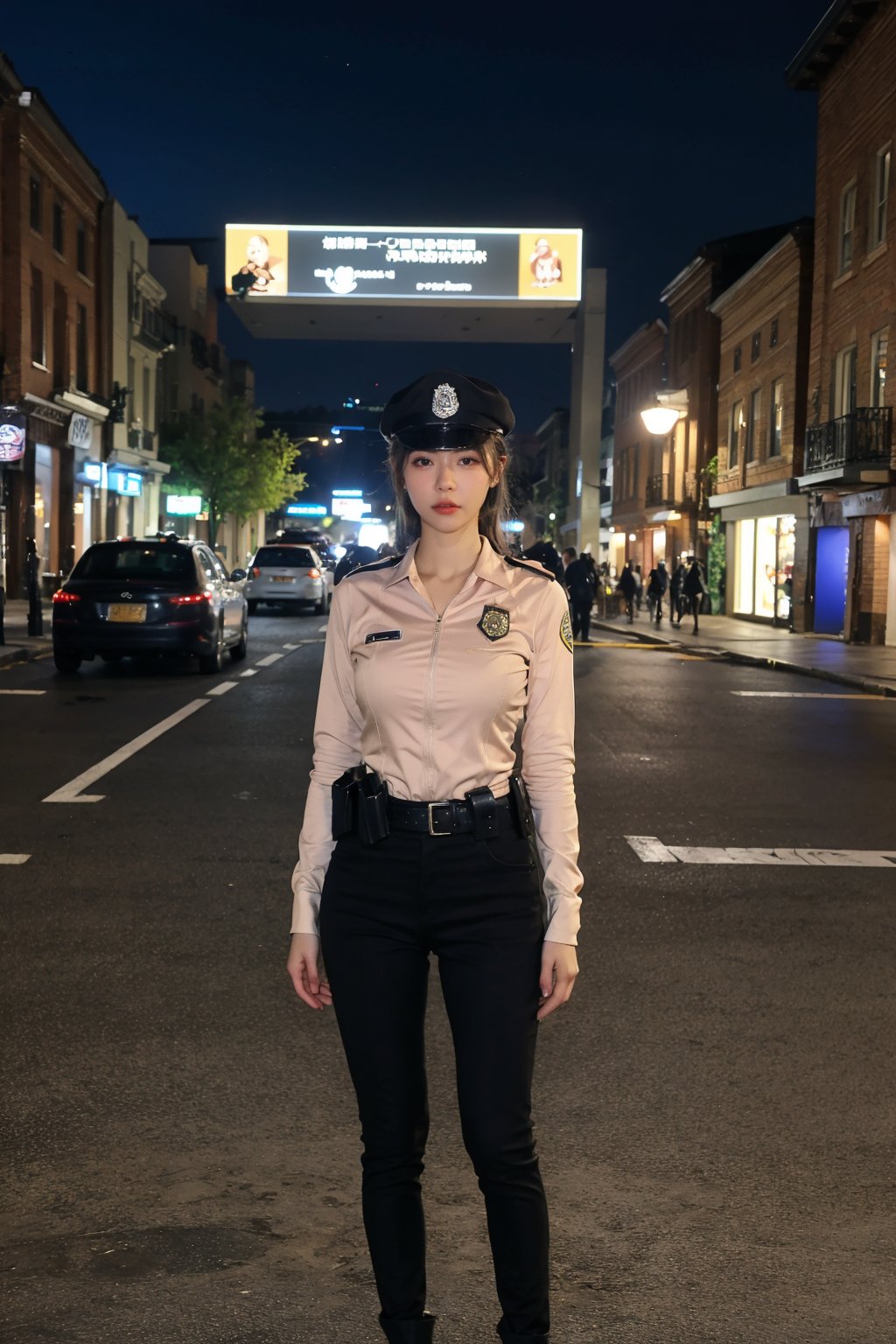 1girl, black hair, young, female police officer, patrolling, street view, full body shot, uniform, cap, badge, utility belt, nightstick, focused expression, city background, daytime, realistic style, high-quality resolution, masterpiece.