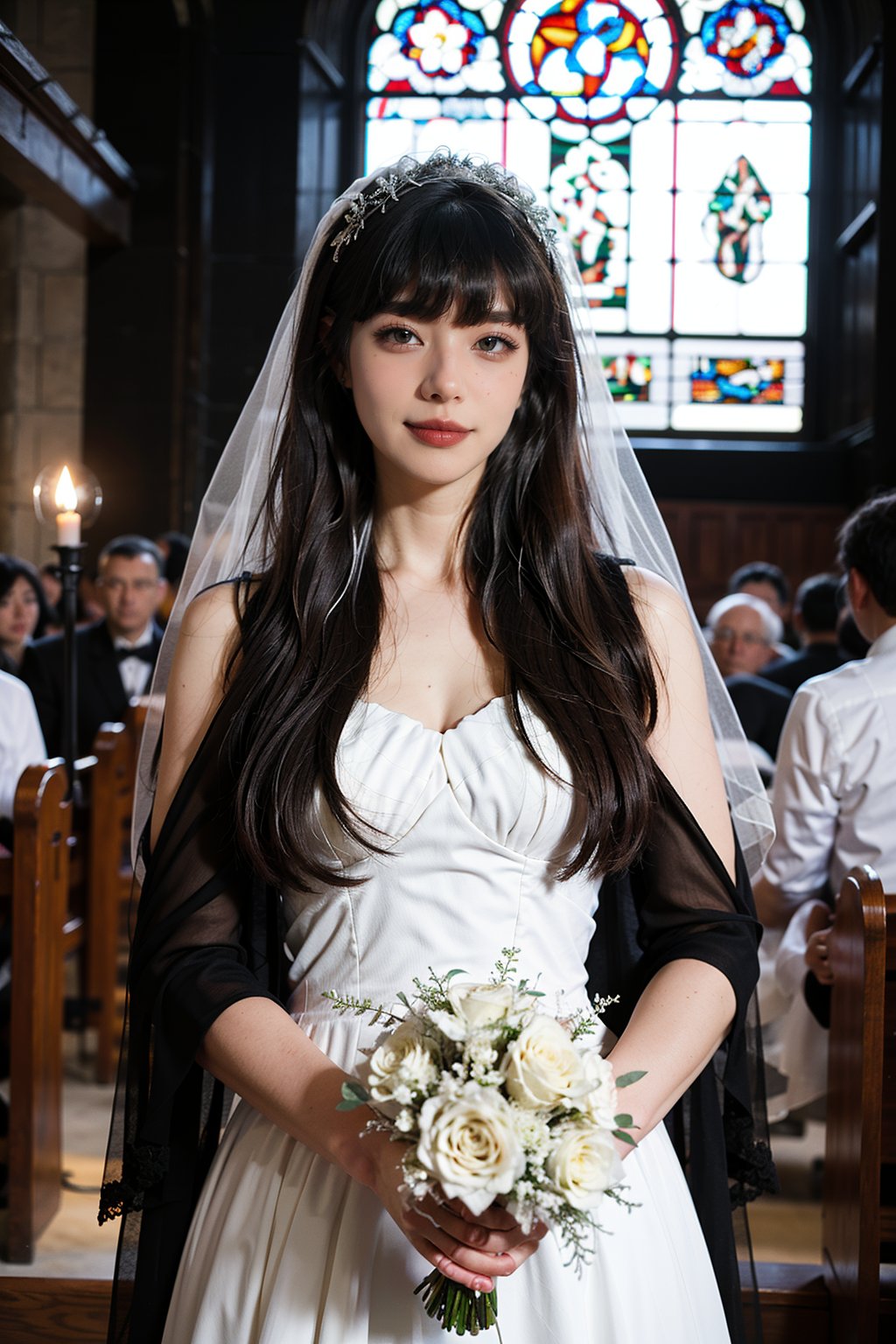 1girl, wedding scene, beautiful, black hair, long hair, (bride:1.2), white wedding dress, veil, holding bouquet, (smile:1.1), sparkling eyes, surrounded by guests, church interior, stained glass windows, flower decorations, candlelight, warm atmosphere, detailed background, depth of field, realistic, ambient light, (cinematic composition:1.3), high definition, best quality, masterpiece.