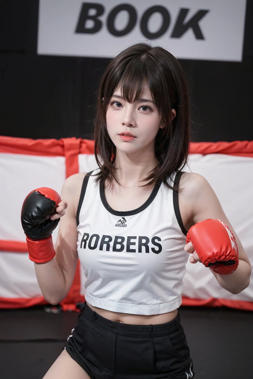 1girl, beautiful, black hair, young, (20yo), determined expression, boxing ring, punching, sportswear, dynamic pose, sweat, intense eyes, focused, gym, bright lighting, realistic style, best quality, masterpiece.