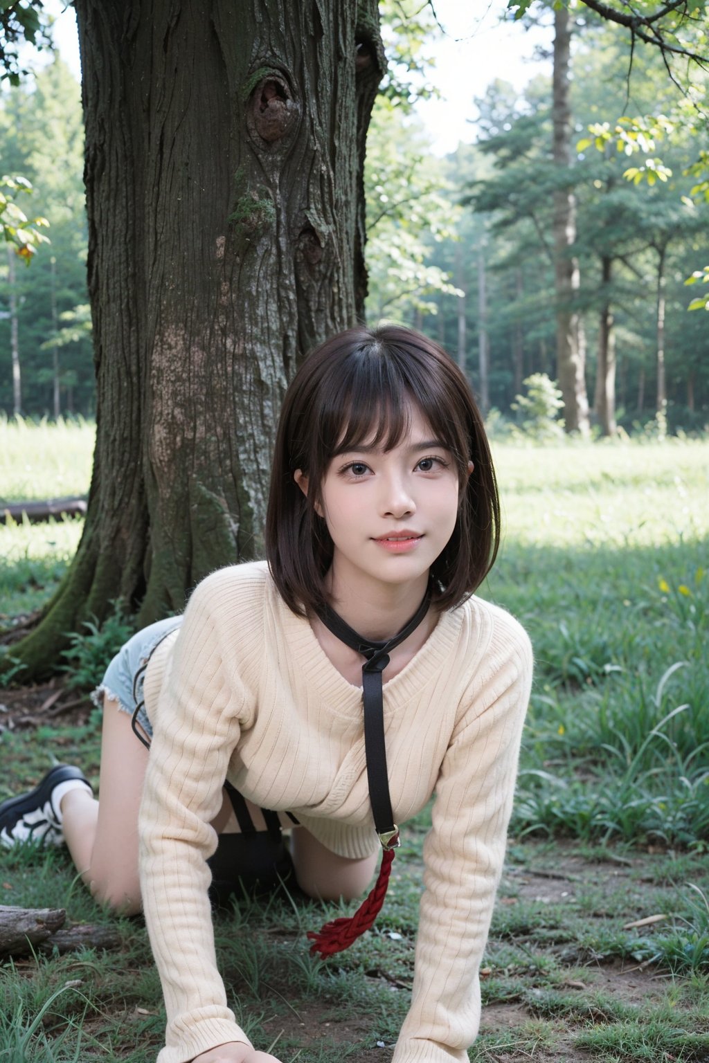 1girl, black hair, teenager, smiling, on all fours, rope tied around neck, tree, forest background, sunlight filtering through trees, green grass, detailed facial expression, playful demeanor, casual attire, natural scene, peaceful ambiance, high-quality, masterpiece.