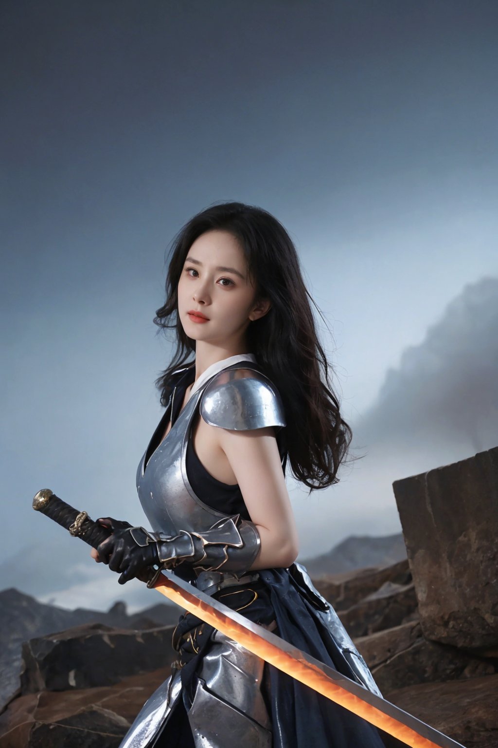 1girl, black hair, combat pose, (20yo), determined expression, glowing sword, shield, futuristic armor, dynamic action, energy effects, battlefield background, (explosion in distance:0.8), smoke, debris, high contrast lighting, (sword glow intensity:1.3), wide-angle lens, best quality, masterpiece.