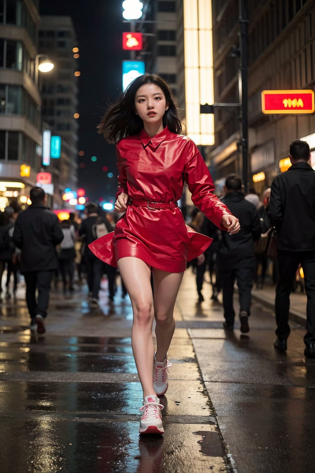 1girl, beautiful, black hair, long hair, solo, (18yo), (athletic, running), city background, urban landscape, skyscrapers, streets, night time, streetlights, dynamic pose, flowing dress, determined expression, high-quality sneakers, neon signs, reflections on wet pavement, ambient city lights, depth of field, realistic, (cinematic composition:1.3), wide-angle lens, best quality, masterpiece