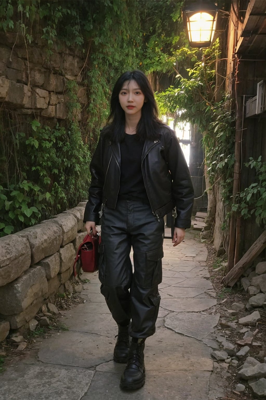 1girl, black hair, young, adventurer, exploring, outdoor, tunnel, wilderness, (leather jacket:1.2), (cargo pants:1.1), hiking boots, backpack, headlamp, (dust:0.8), (cobwebs:0.9), mysterious atmosphere, dim light, damp walls, rocky terrain, (moss:1.0), (vines:1.0), best quality, masterpiece