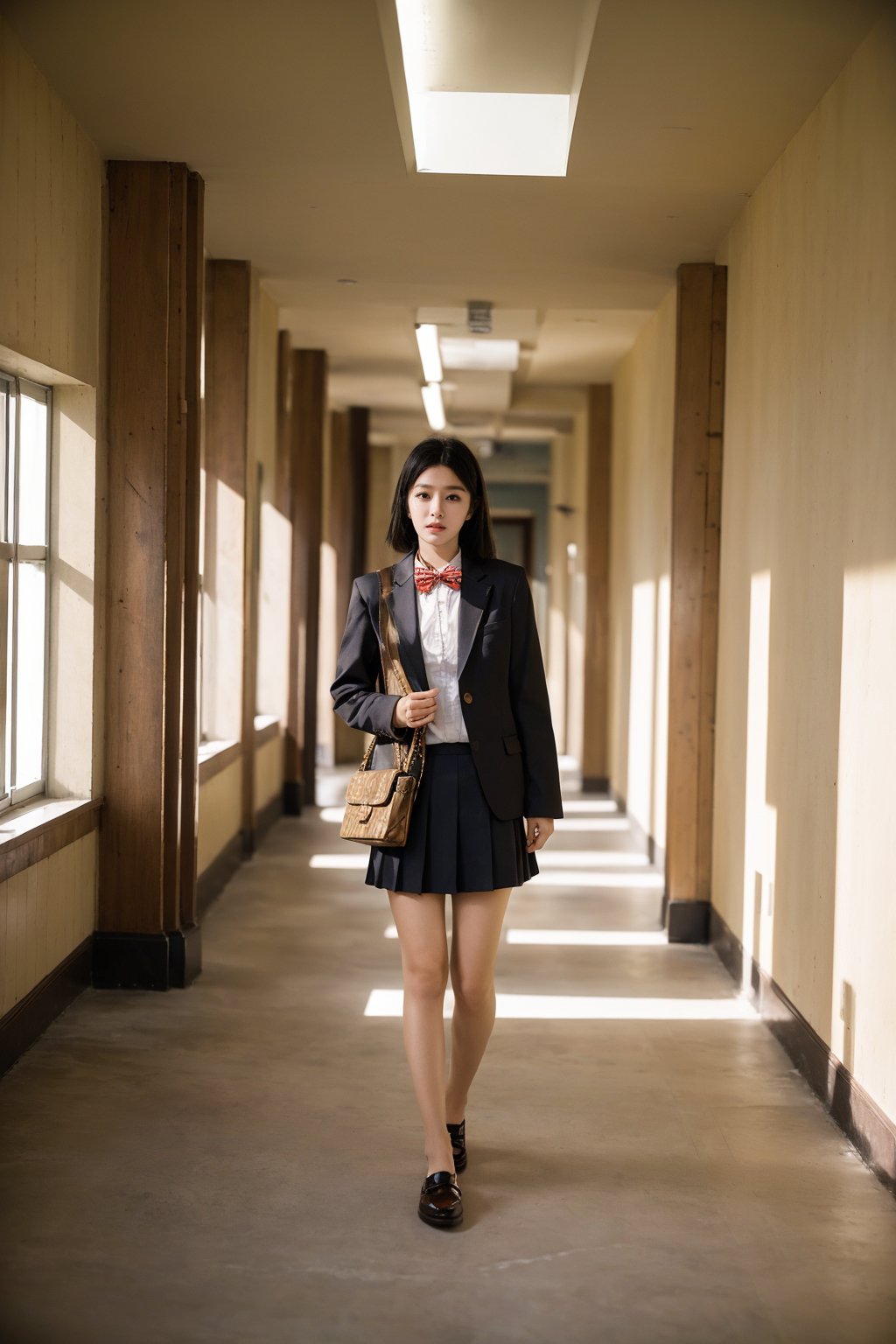 1girl, high school student, black hair,standing, full body, school uniform, (school building:1.2), (classroom:0.8), (school yard:1.0), (school corridor:0.9), (library:0.7), (gymnasium:0.6), best quality, masterpiece