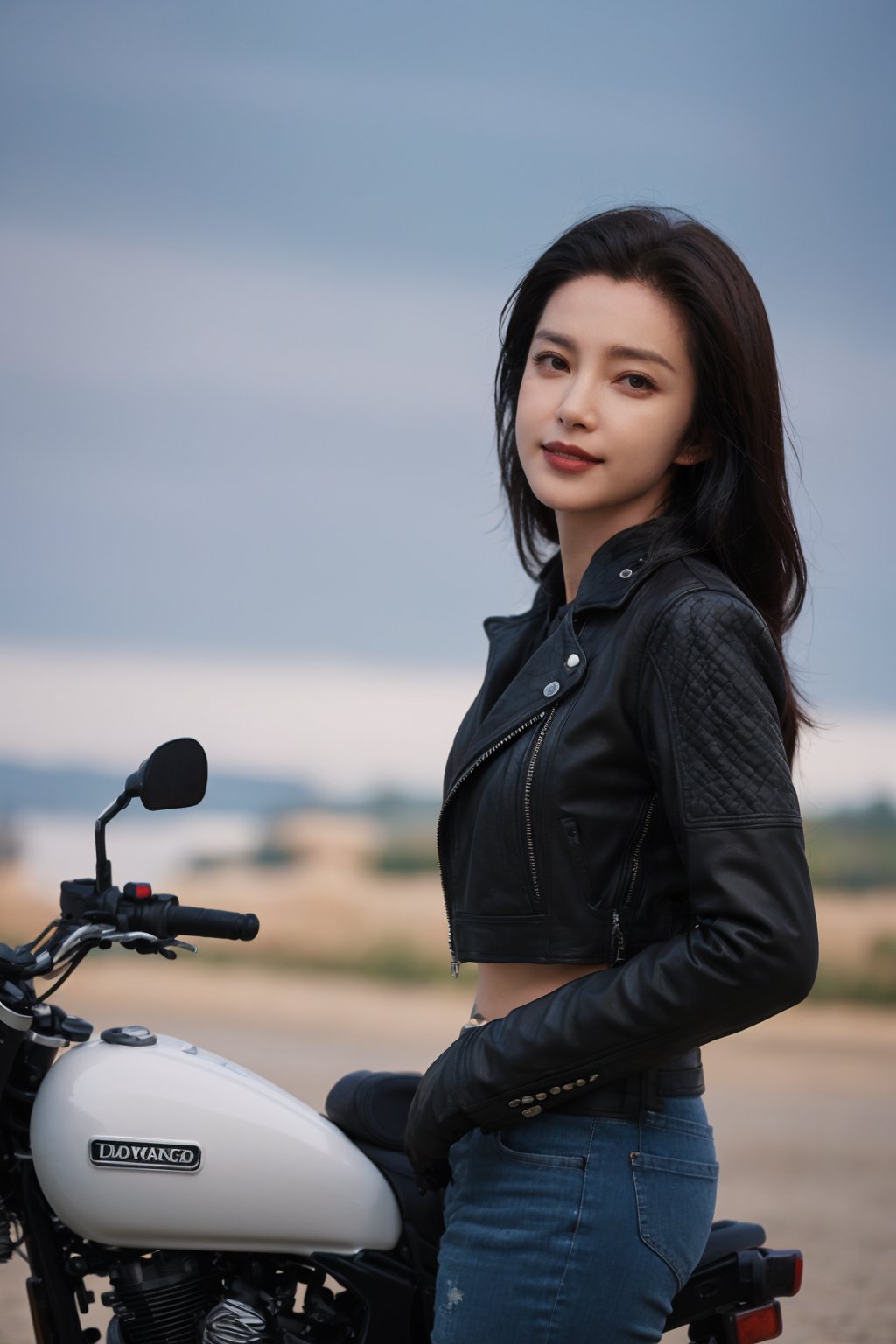 1girl, black hair, solo, (20yo), beautiful detailed eyes, smiling,leather jacket, jeans, boots, motorcycle, dynamic pose, clear sky background, realistic style, ambient light, (cinematic composition:1.3), wide-angle lens, best quality, masterpiece