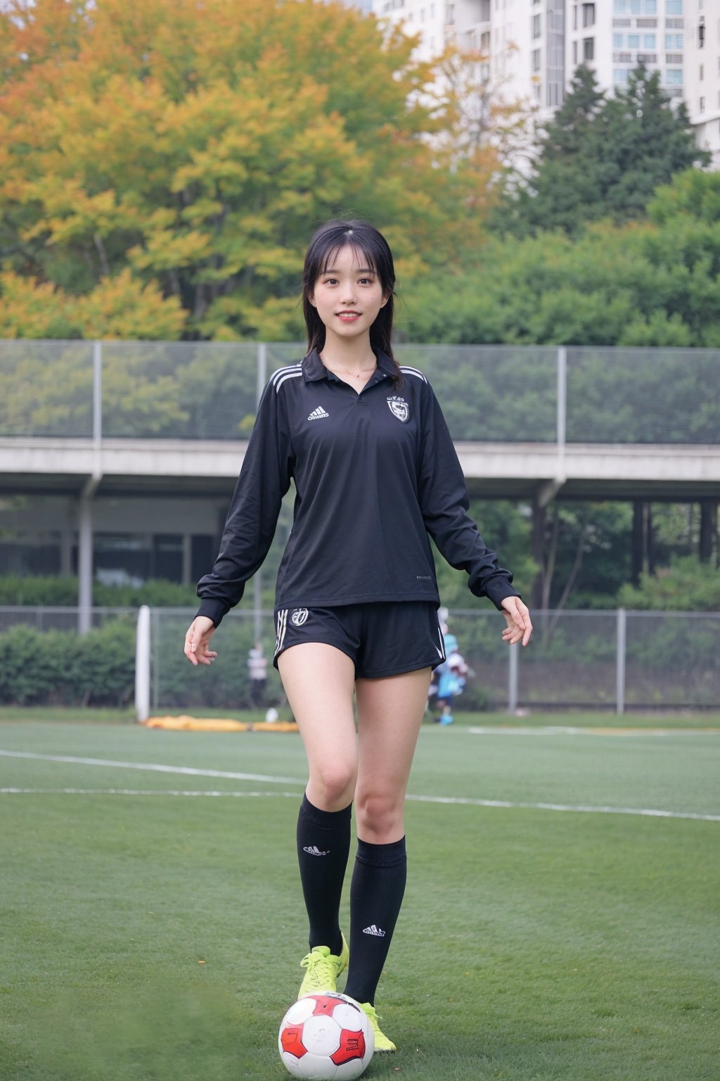 1girl, black hair, full body, soccer uniform, detailed facial features, bright eyes, Cleavage,athletic posture, standing, soccer cleats, green field, outdoor, sunny day, dynamic pose, high quality, masterpiece