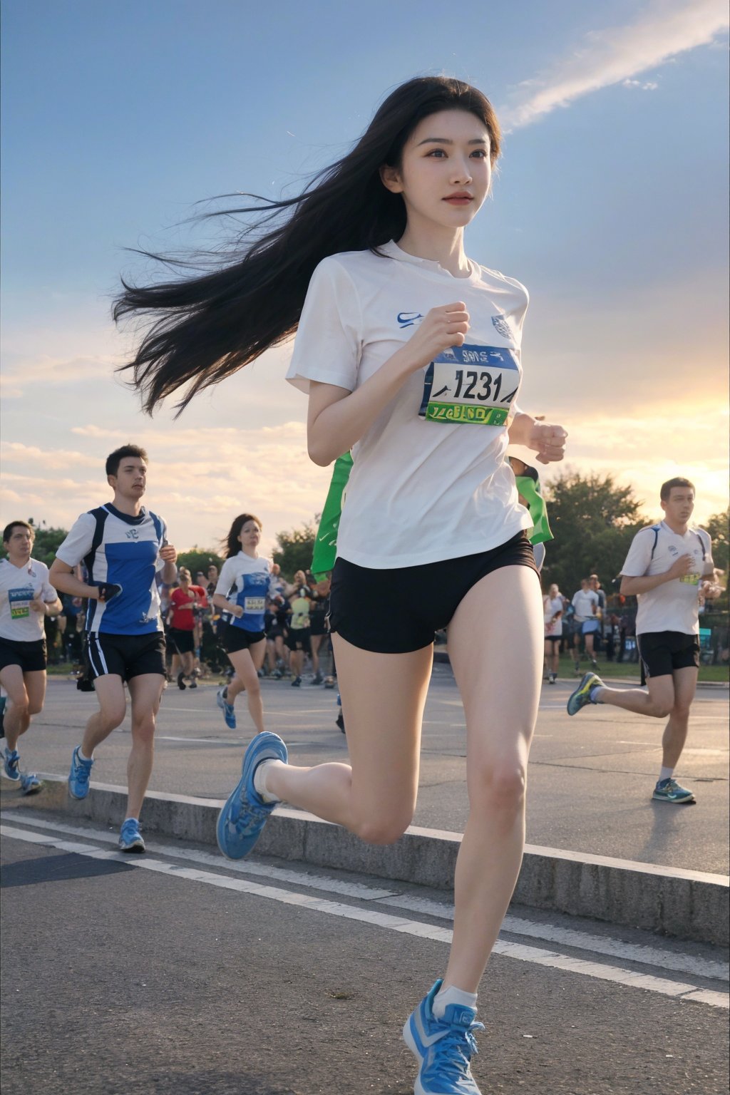 1girl, black hair, full body, sportswear, marathon running, dynamic pose, (16yo), determined expression, sweat, windblown hair, city marathon background, crowd cheering, clear sky, sunrise, vibrant colors, energy boost, detailed muscles, motion blur: legs, high quality, best quality, masterpiece.