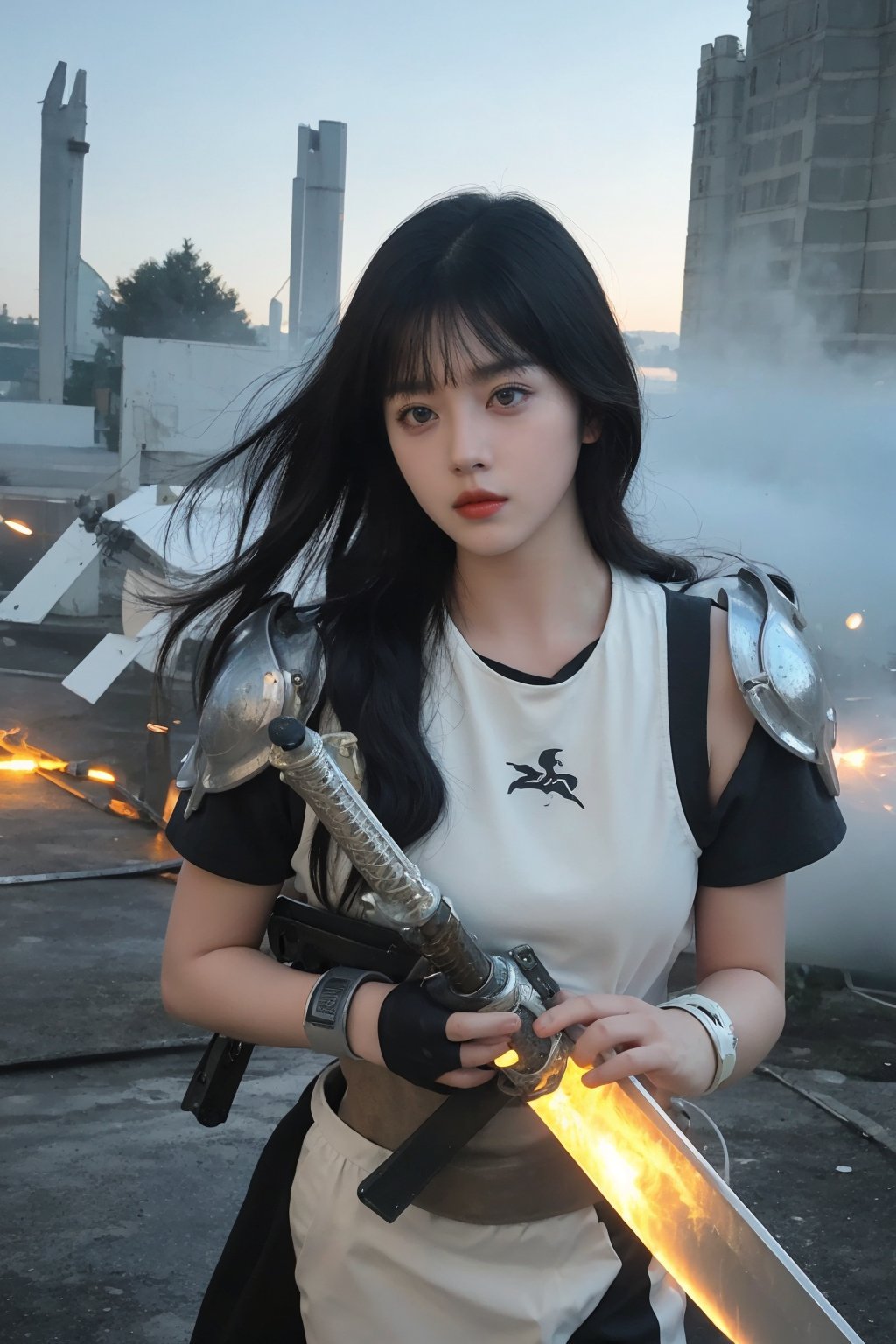 1girl, black hair, combat pose, (20yo), determined expression, glowing sword, shield, futuristic armor, dynamic action, energy effects, battlefield background, (explosion in distance:0.8), smoke, debris, high contrast lighting, (sword glow intensity:1.3), wide-angle lens, best quality, masterpiece.