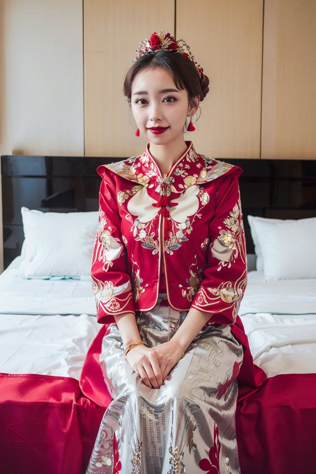  best quality,highly detailed,1girl,
a woman in a red and gold clothes, phoenix coronet,(sitting on red bed),blush,shy,black_hair, earrings,  indoors, jewelry, long_sleeves, red lips, tassel, Red quilt,(red palace:1.2),looking_at_viewer,smile