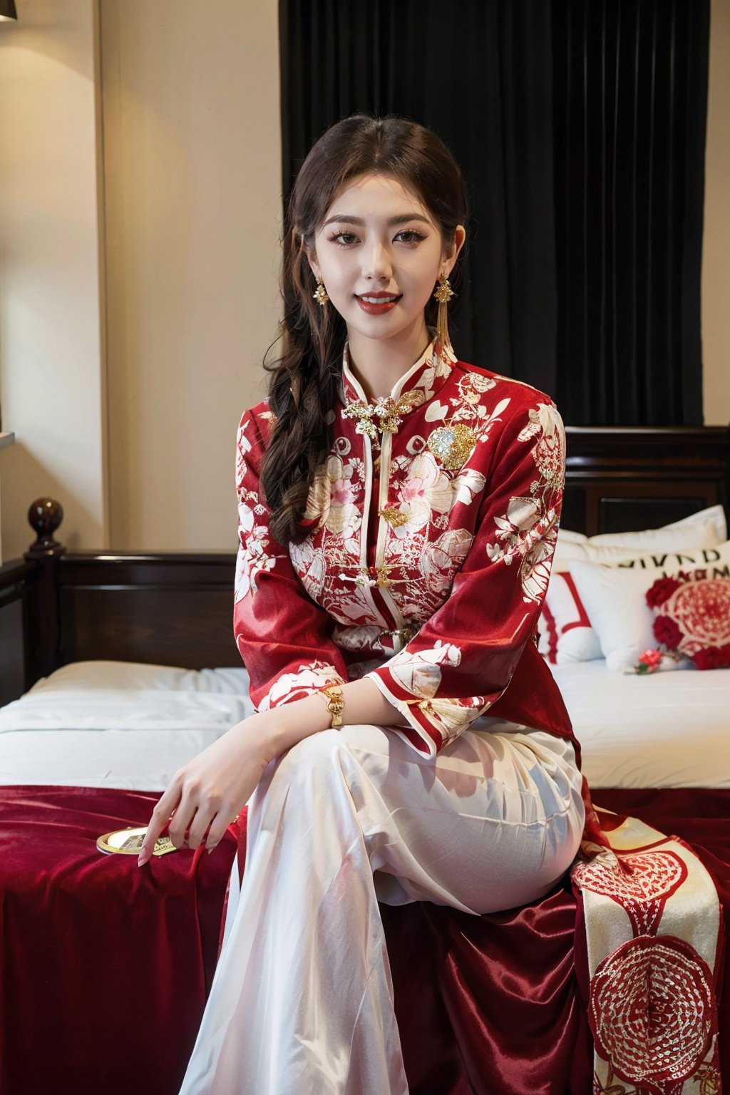  best quality,highly detailed,1girl,
a woman in a red and gold clothes, phoenix coronet,(sitting on red bed),blush,shy,black_hair, earrings,  indoors, jewelry, long_sleeves, red lips, tassel, Red quilt,(red palace:1.2),looking_at_viewer,smile