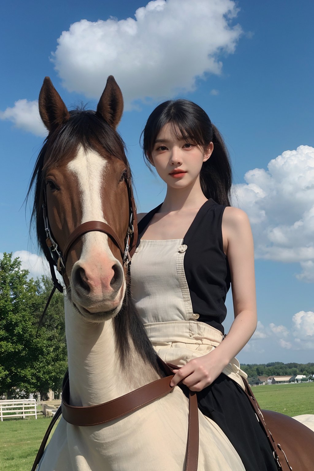 1girl, young lady, solo, (20yo), cute, detailed eyes, black hair, long hair, (ponytail:1.2), riding a horse, equestrian, traditional dress, red ribbon, looking forward, fields, countryside, sunny day, blue sky, white clouds, beautifully detailed background, depth of field, realistic, ambient light, (cinematic composition:1.3), HDR, Accent Lighting, wide-angle lens, best quality, masterpiece.