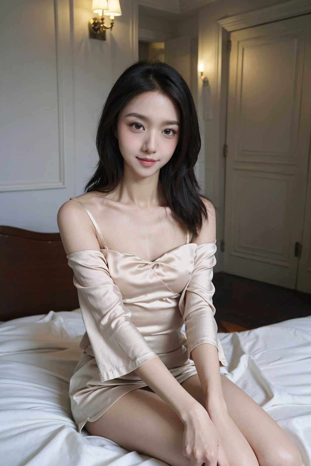 1girl, beautiful, black hair, sitting on a hotel bed, detailed eyes, (20yo), smile,elegant, looking at viewer, nightwear, silk robe, white, high-quality bedding, luxurious hotel room, warm lighting, (cinematic composition:1.3), depth of field, realistic, ambient light, wide-angle lens, best quality, masterpiece.