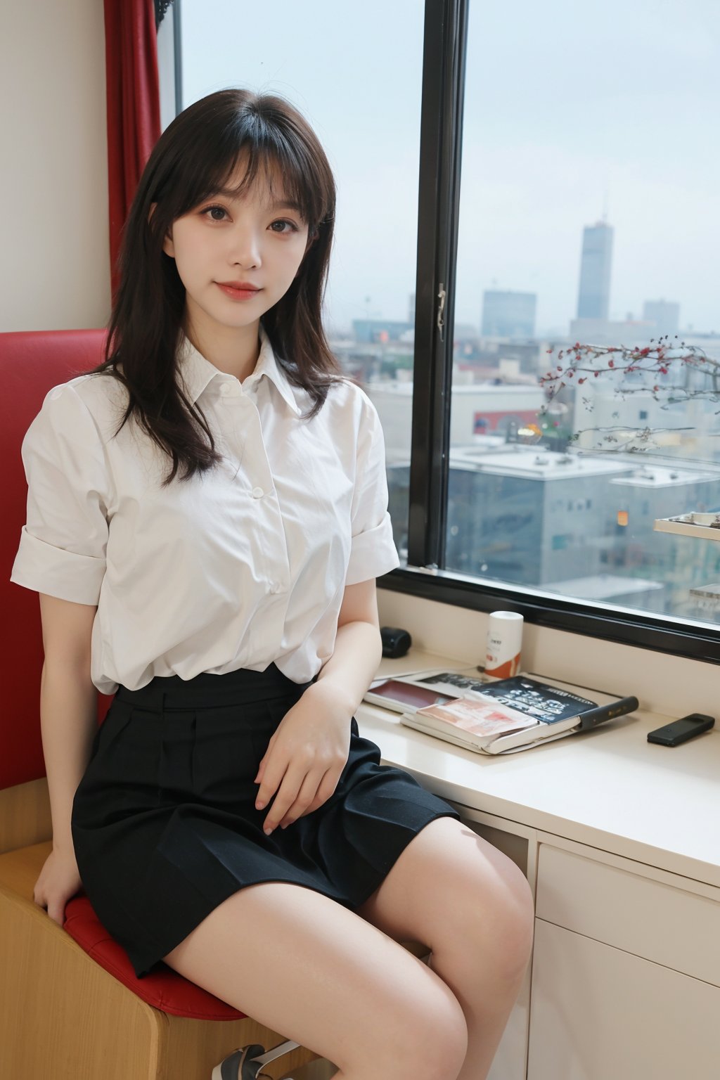 1girl, office lady, solo, (20yo), beautiful, detailed eyes, black hair, long hair, business suit, white shirt, black skirt, high heels, thighhighs, office, desk, computer, documents, window view, cityscape, beautifully detailed background, depth of field, realistic, ambient light, (cinematic composition:1.3), HDR, Accent Lighting, wide-angle lens, best quality, masterpiece