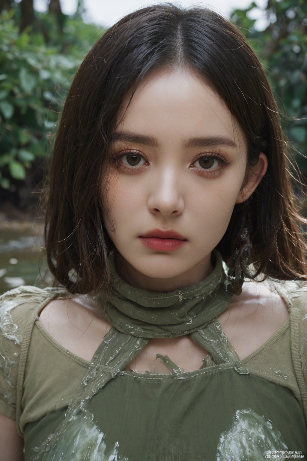 1girl, black hair, half body submerged in swamp, fearful expression, detailed eyes, (20yo:0.9), wet clothes, green mossy environment, brown water, bubbles, (mud on face:1.2), (fear:1.3), overcast sky, realistic, high resolution, cinematic composition, natural lighting, depth of field, wide-angle lens, best quality, masterpiece.