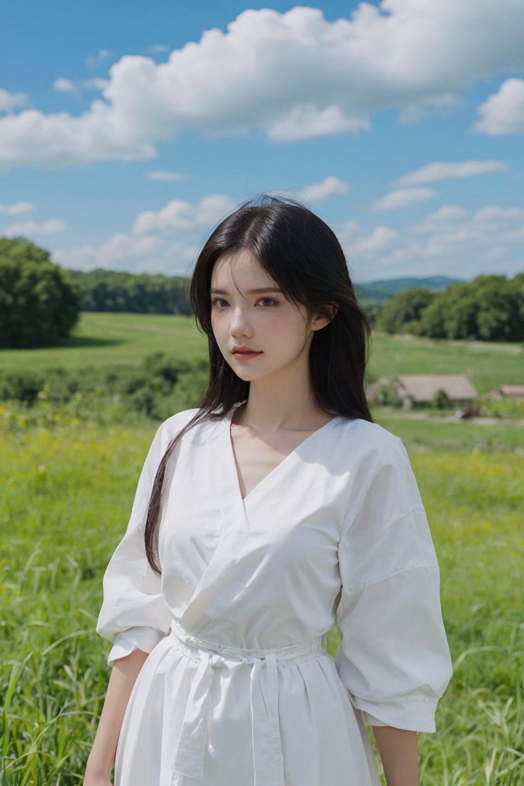 1girl, medieval, black hair, young lady, relaxed expression, detailed eyes, long hair, casual dress, (medieval dress:1.2), natural makeup, standing pose, grassy field, castle in the distance, sunny day, blue sky, fluffy white clouds, beautifully detailed background, depth of field, realistic, ambient light, (cinematic composition:1.3), HDR, Accent Lighting, wide-angle lens, best quality, masterpiece.