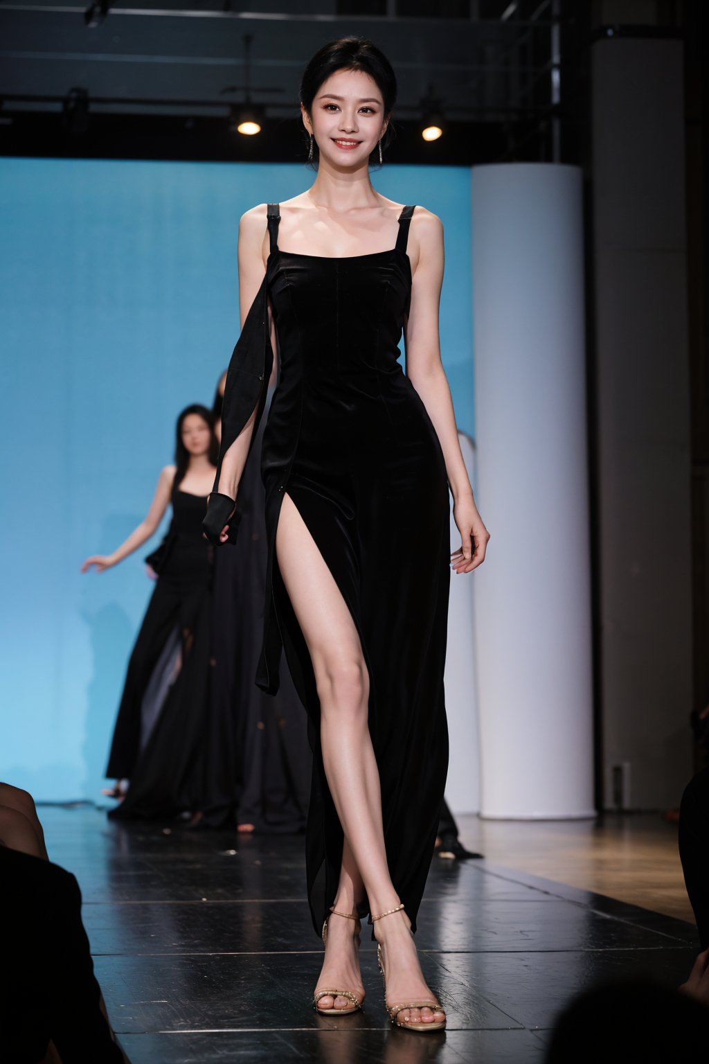 1girl, black hair, teenager, fashion model, smiling, full-body shot, runway, high heels, stylish outfit, (glowing skin:1.2), vibrant makeup, (eye contact with viewer:1.3), dynamic pose, spotlight on model, audience in background, blurred, fashion show atmosphere, elegant, (catwalk:1.0), best quality, masterpiece.