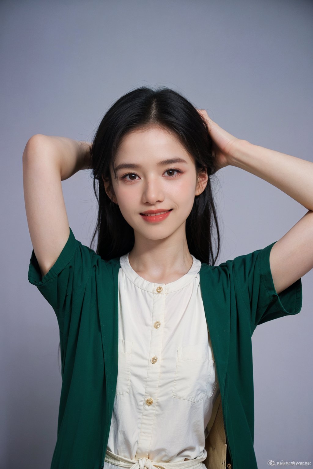 1girl, black hair, smiling, ID photo style, solid color background, (18yo),(arms behind head:1.2), clear skin, bright eyes, natural makeup, casual clothing, high resolution, best quality, masterpiece.