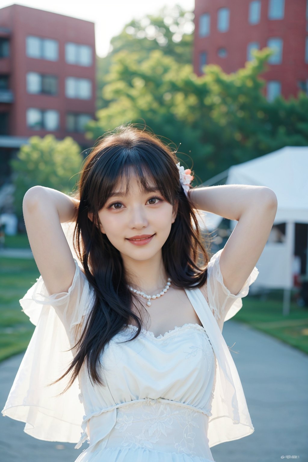 1girl, black hair, smiling, wedding dress, half body shot, (18yo),(arms behind head:1.2),  beautiful, detailed eyes, white dress, lace details, pearl necklace, delicate makeup, natural light, outdoor setting, greenery background, peaceful expression, best quality, masterpiece.