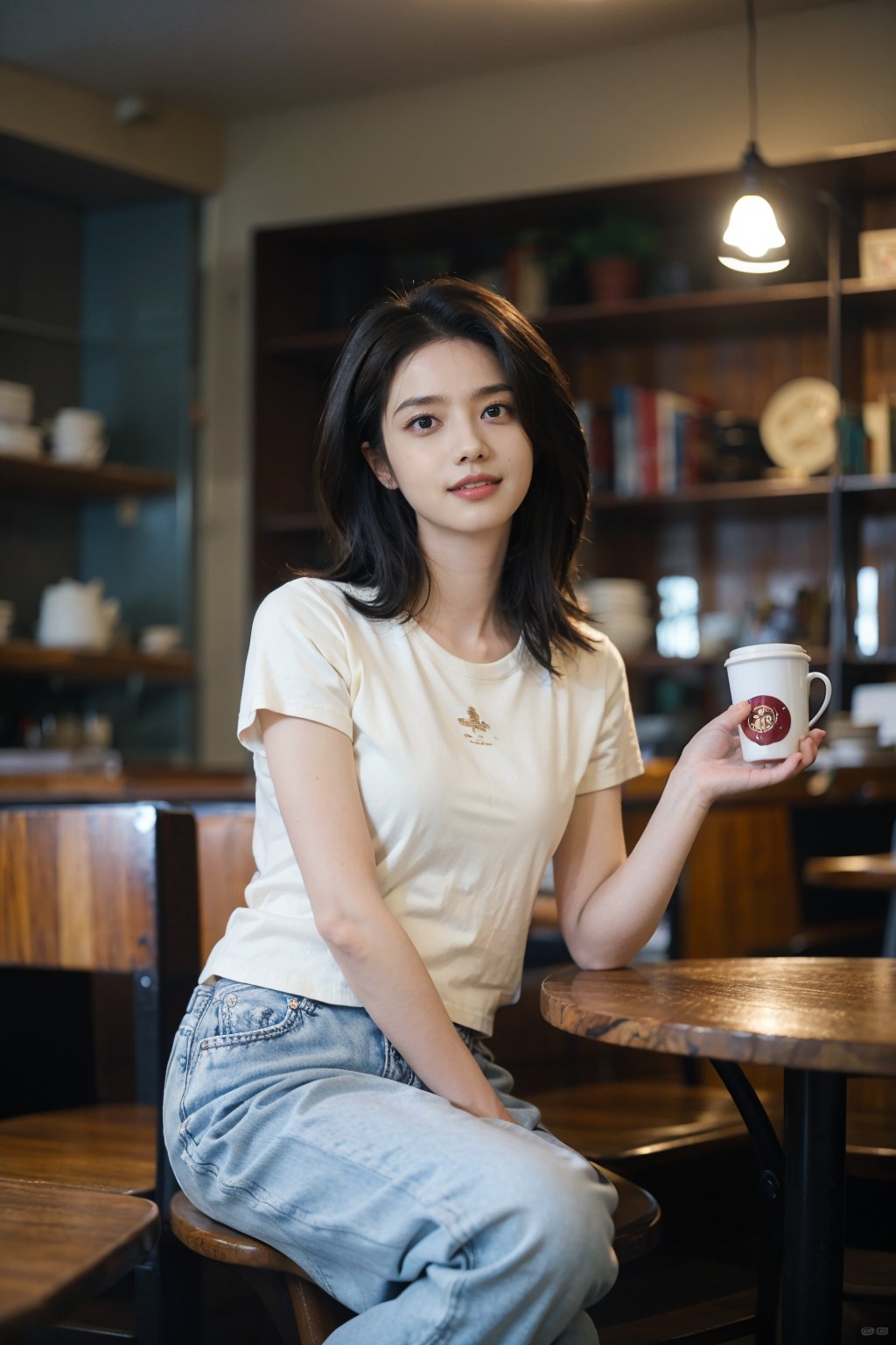 1girl, beautiful, black hair, smiling, sitting in a cafe, (18yo), detailed eyes, light blush, casual wear, white t-shirt, jeans, coffee cup in hand, surrounded by cafe ambiance, wooden tables, cozy lighting, books on shelves, (vintage clock:1.2), realistic, depth of field, ambient light, (cinematic composition:1.3), soft focus background, HDR, Accent Lighting, medium shot, best quality, masterpiece.