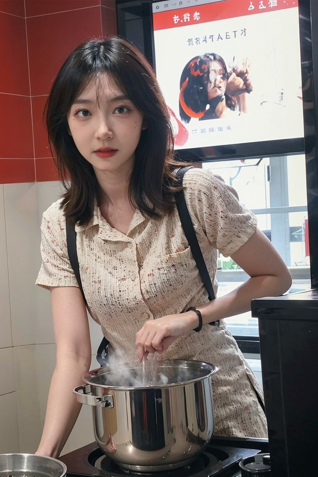 1girl, black hair, young, (20yo), in a pot, being cooked, (steam:1.2), boiling water, hot steam, detailed facial expression, panic, wide-eyed, (red face:1.3), dynamic pose, (bubbles:1.0), kitchen background, stainless steel pot, (flames under pot:1.1), intense heat, (food cooking sounds:0.8), surreal scene, high contrast lighting, sharp details, (cinematic composition:1.3), best quality, masterpiece.