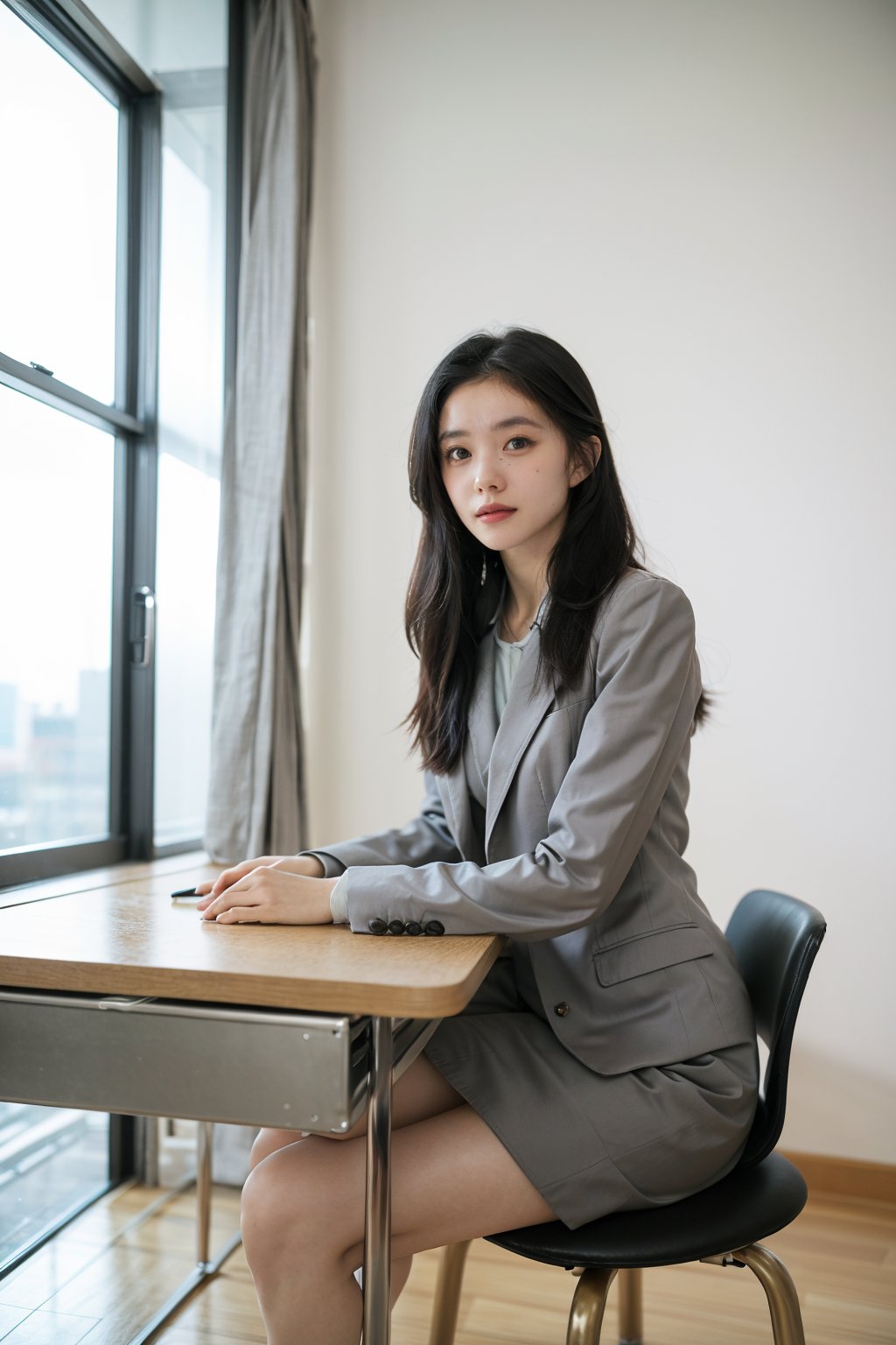 1girl, office lady, solo, (20yo), beautiful, detailed eyes, black hair, long hair, professional attire, suit jacket, pencil skirt, high heels, sitting at desk, computer on desk, office environment, modern interior, window view, sunlight, beautifully detailed background, depth of field, realistic, ambient light, (cinematic composition:1.3), HDR, Accent Lighting, wide-angle lens, best quality, masterpiece