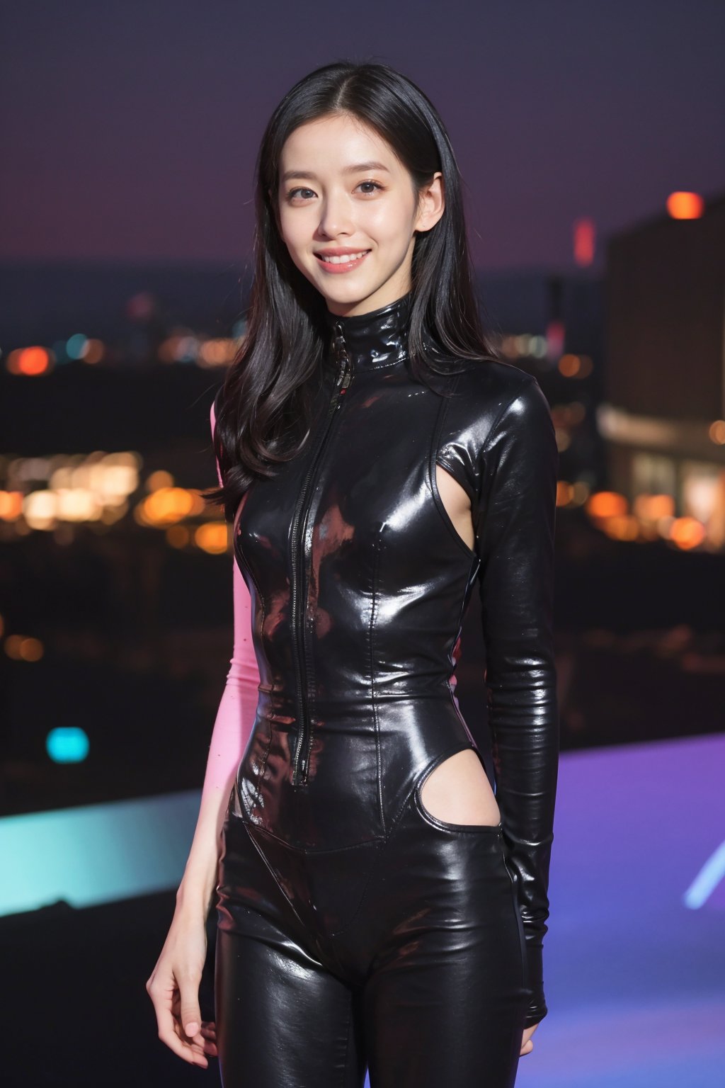 1girl, black hair, tight bodysuit, smiling, full body shot, (youthful:1.2), beautiful, detailed eyes, (sparkling eyes:1.3), long hair, standing pose, confident, vibrant, (neon lighting:0.8), futuristic cityscape background, (night time:1.1), glowing lines in the bodysuit, (bodysuit texture:1.4), ambient light, depth of field, wide-angle lens, best quality, masterpiece.