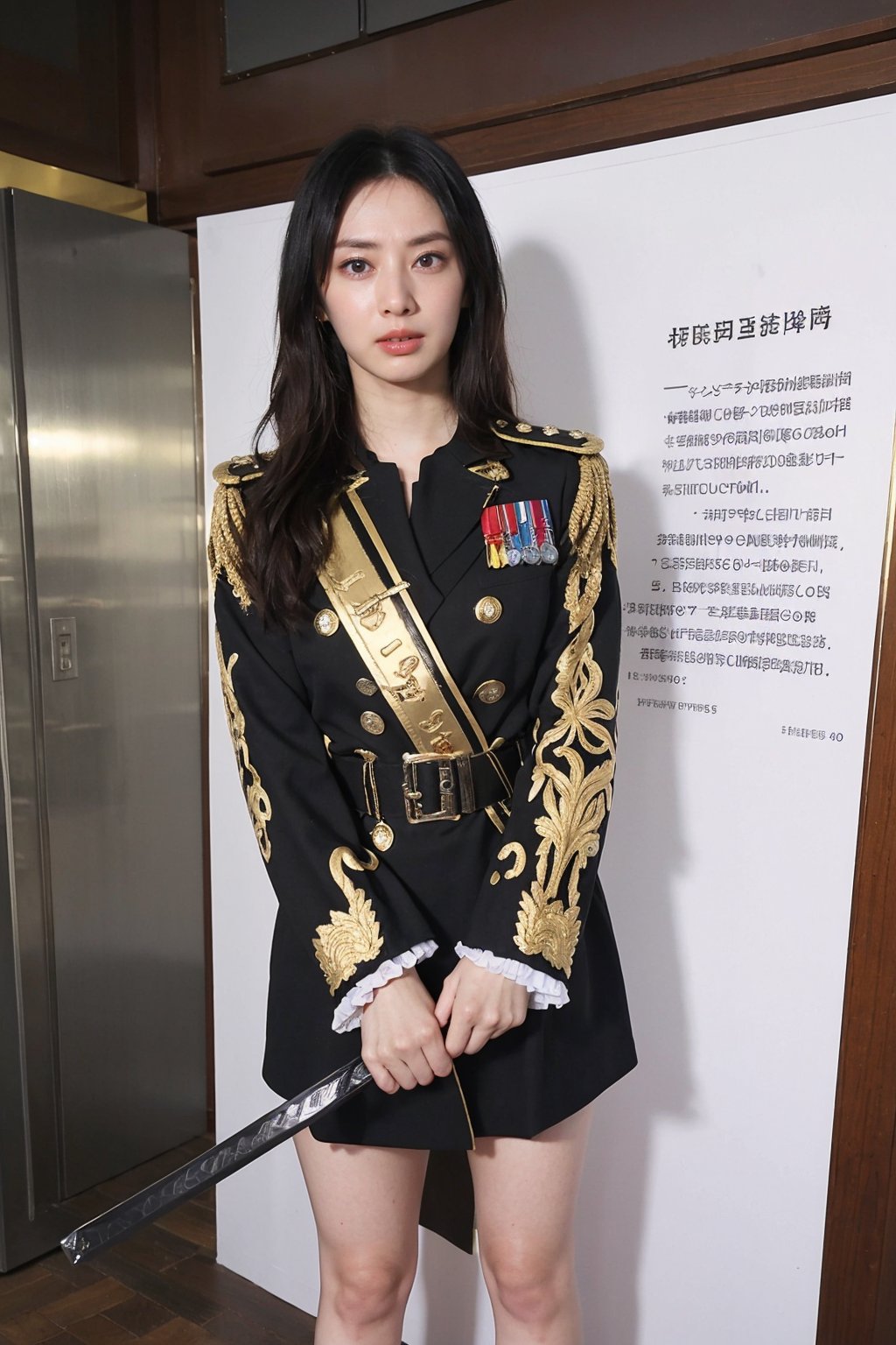 1girl, black hair, young, military general, full-body portrait, detailed uniform, (golden embroidery:1.2), epaulettes, (rank insignia:1.3), sharp eyes, determined expression, standing posture, holding a sword, (sword details:1.1), leather boots, (boot details:1.05), background suggestive of a war room, maps, strategy papers, dim lighting, realistic, depth of field, (cinematic composition:1.3), high resolution, best quality, masterpiece.