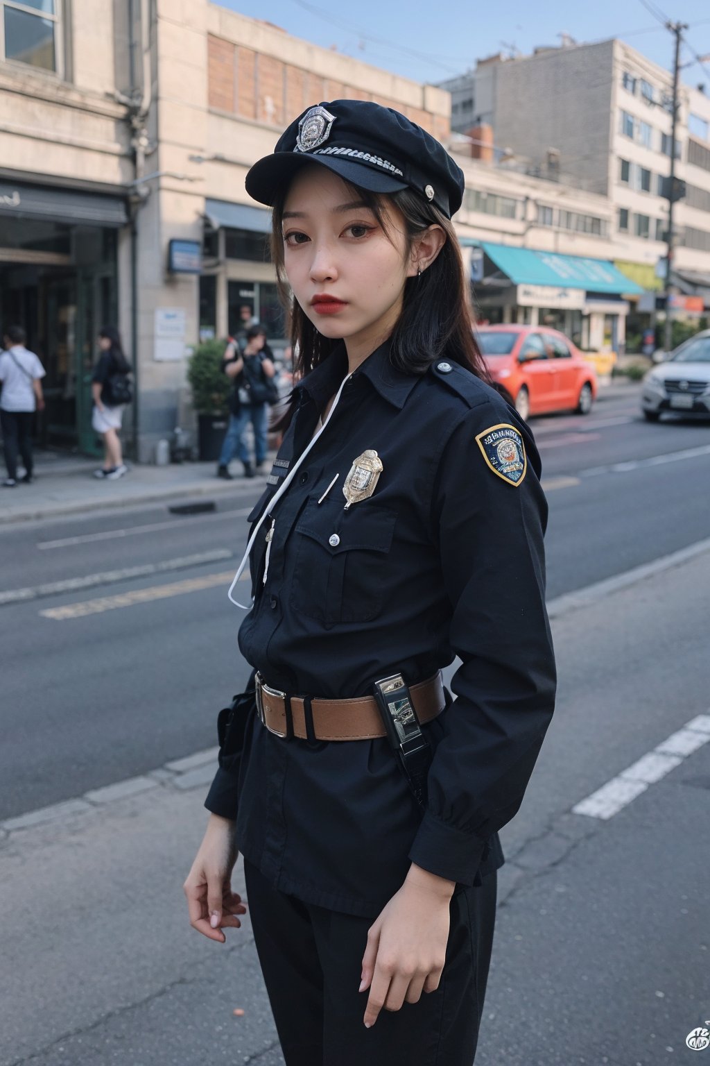 1girl, police officer, beautiful, black hair, long hair, detailed eyes, determined expression, patrolling, street, daytime, urban setting, uniform, hat, utility belt, handcuffs, baton, (20yo:0.8),sunlight, realistic, ambient light, depth of field, cinematic composition, wide-angle lens, best quality, masterpiece