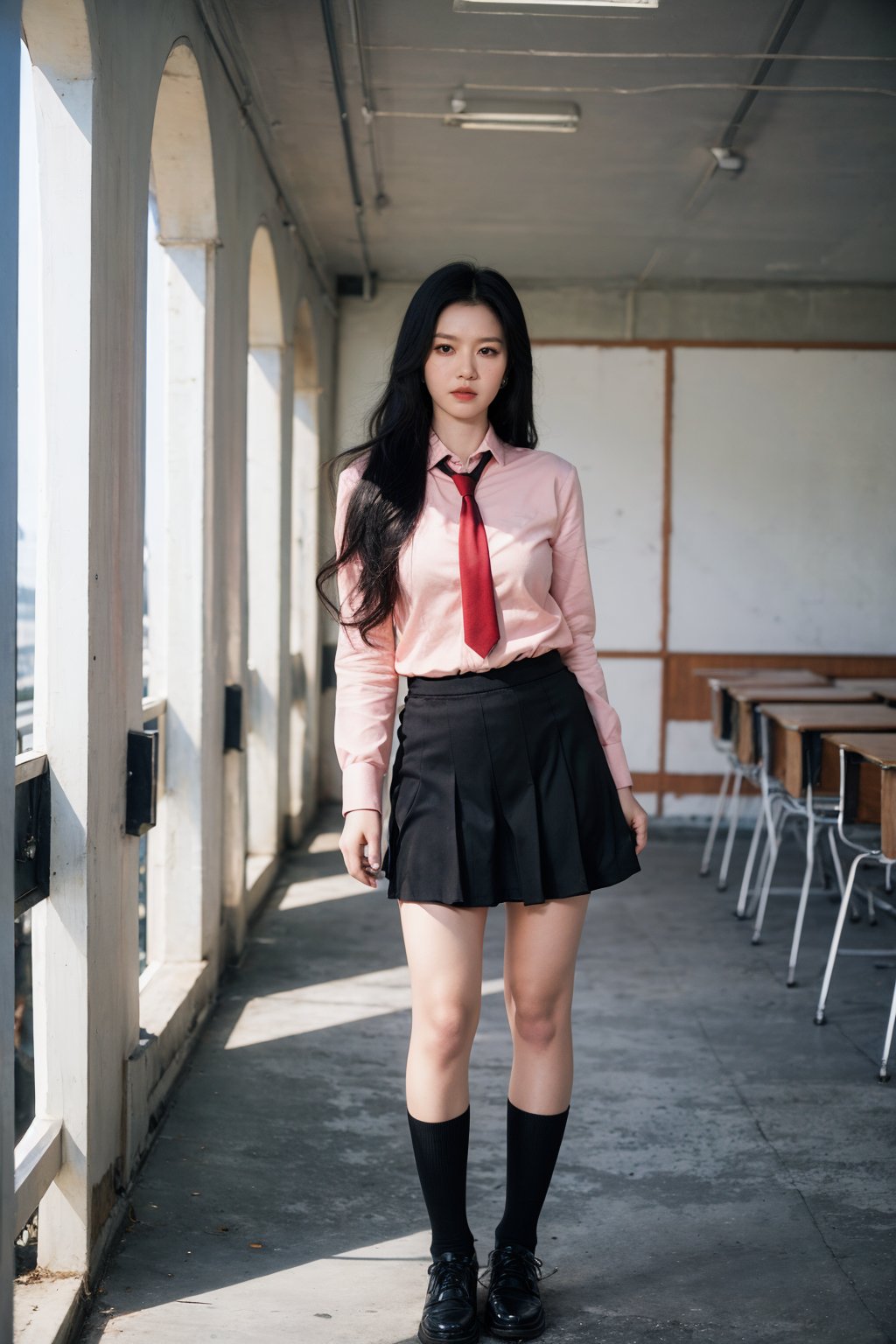 1girl, high school student, black hair,standing, full body, school uniform, (school building:1.2), (classroom:0.8), (school yard:1.0), (school corridor:0.9), (library:0.7), (gymnasium:0.6), best quality, masterpiece