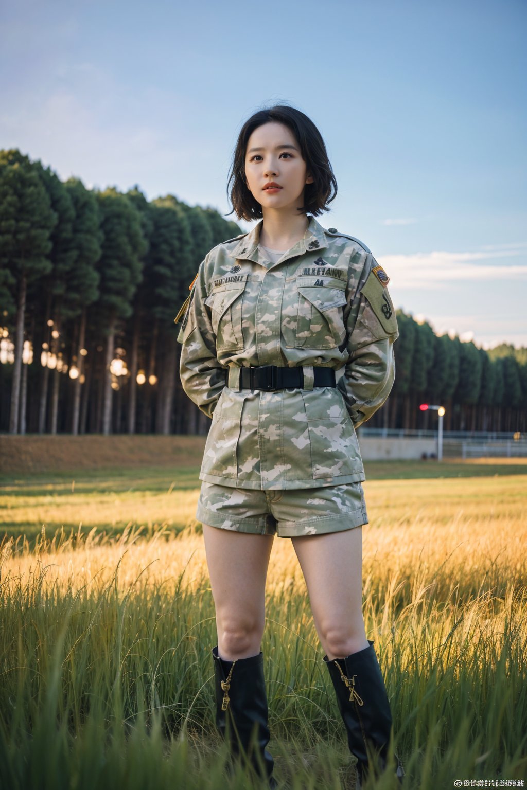 1girl, soldier, standing at attention, black hair, short hair, young (18yo), serious expression, military uniform, camouflage pattern, combat boots, outdoors, grass field, sunset, golden hour light, clear sky, detailed background, depth of field, realistic, ambient light, (cinematic composition:1.3), high definition, best quality, masterpiece