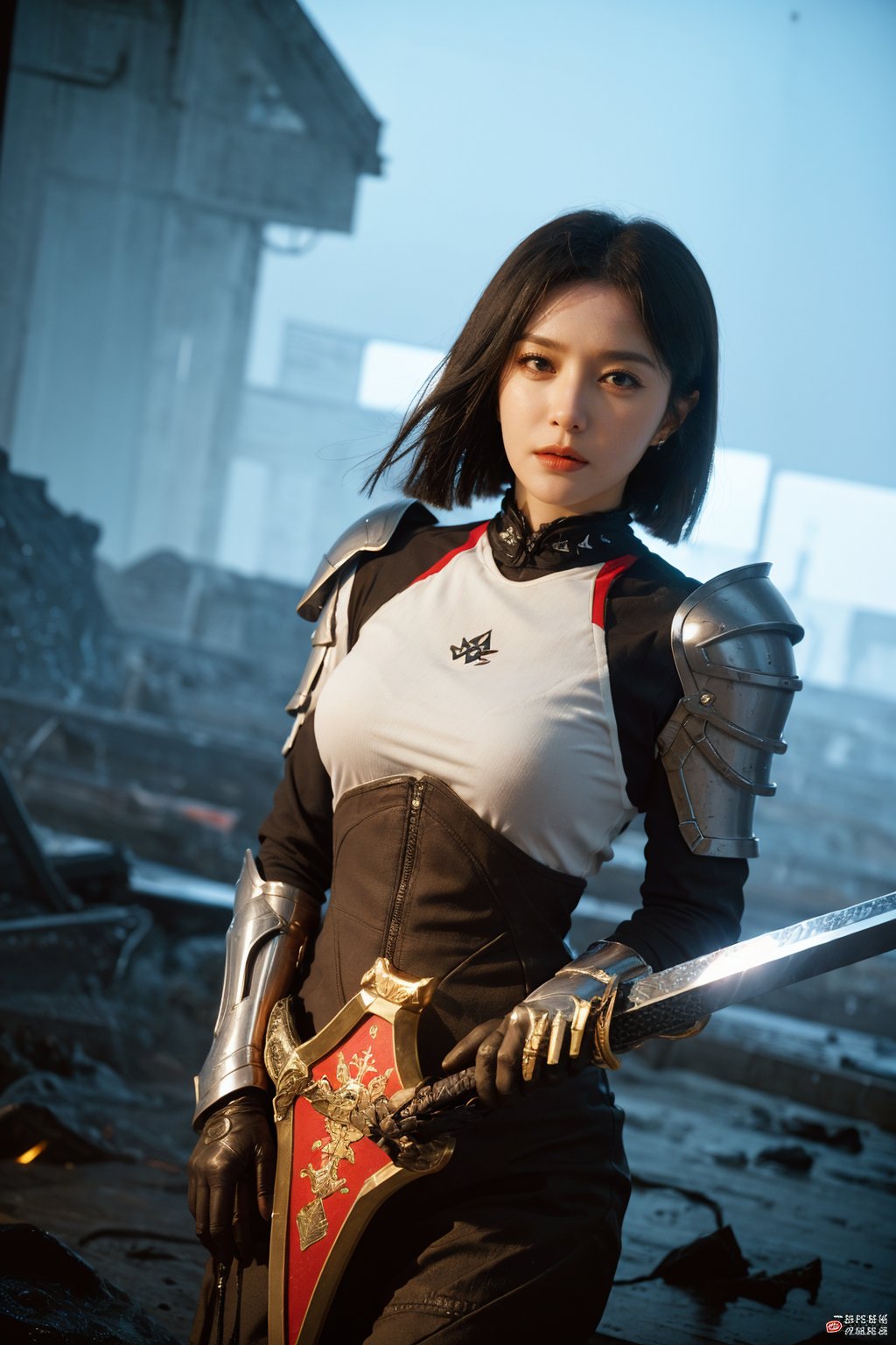 1girl, black hair, combat pose, (20yo), determined expression, glowing sword, shield, futuristic armor, dynamic action, energy effects, battlefield background, (explosion in distance:0.8), smoke, debris, high contrast lighting, (sword glow intensity:1.3), wide-angle lens, best quality, masterpiece.