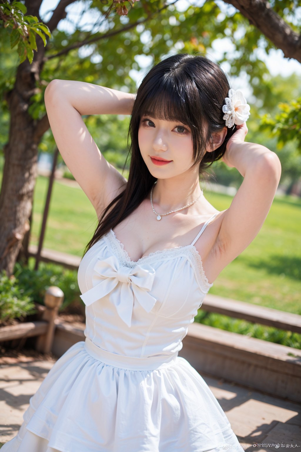 1girl, black hair, smiling, wedding dress, half body shot, (18yo),(arms behind head:1.2),  beautiful, detailed eyes, white dress, lace details, pearl necklace, delicate makeup, natural light, outdoor setting, greenery background, peaceful expression, best quality, masterpiece.