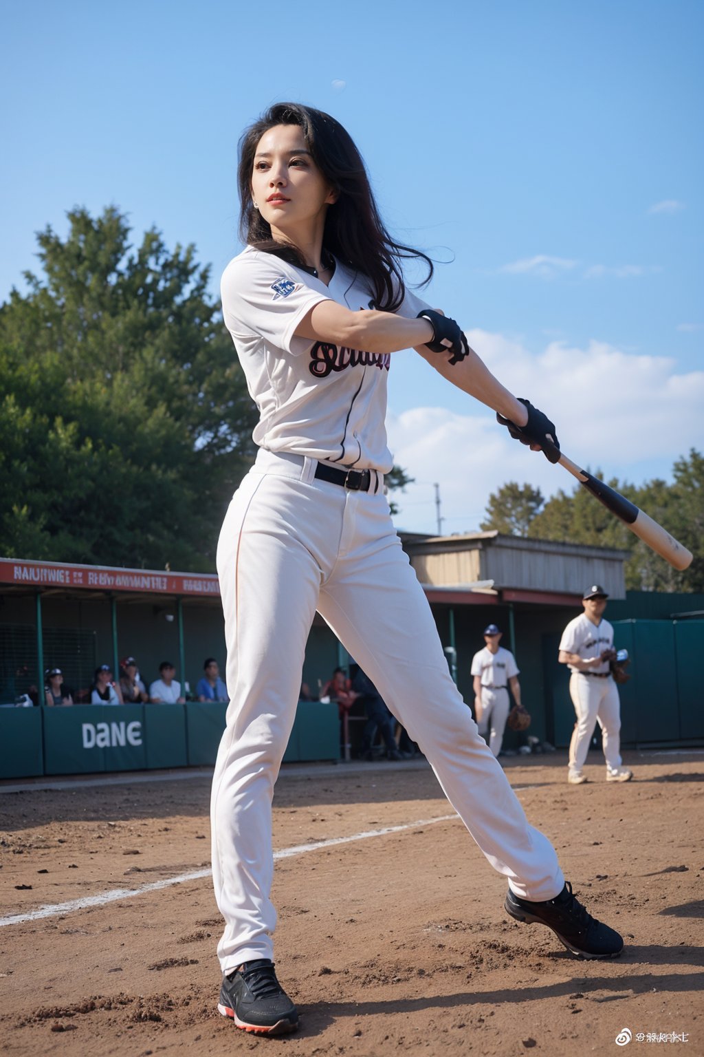 1girl, black hair, young, baseball uniform, full body shot, detailed eyes, beautiful, (sporty vibe:1.2), dynamic pose, outdoor field, sunny day, grass, dirt path, (baseball bat:0.9), (baseball glove:0.9), clear blue sky, high resolution, depth of field, realistic, ambient light, (cinematic composition:1.3), HDR, Accent Lighting, wide-angle lens, best quality, masterpiece.