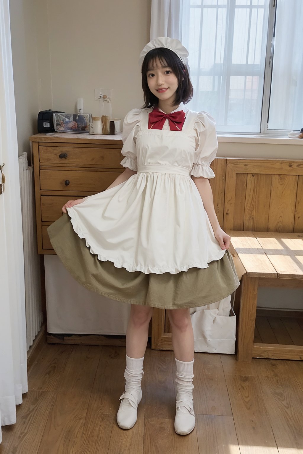 1girl, black hair, maid costume, full body, standing, smiling, room interior, detailed eyes, cute, youthful, light blush, looking at viewer, lace headwear, apron, dress with puff sleeves, bowtie, socks, shoes, floorboards, windows, curtains, furniture, beautifully detailed background, realistic, soft lighting, (cinematic composition:1.3), wide-angle lens, best quality, masterpiece.