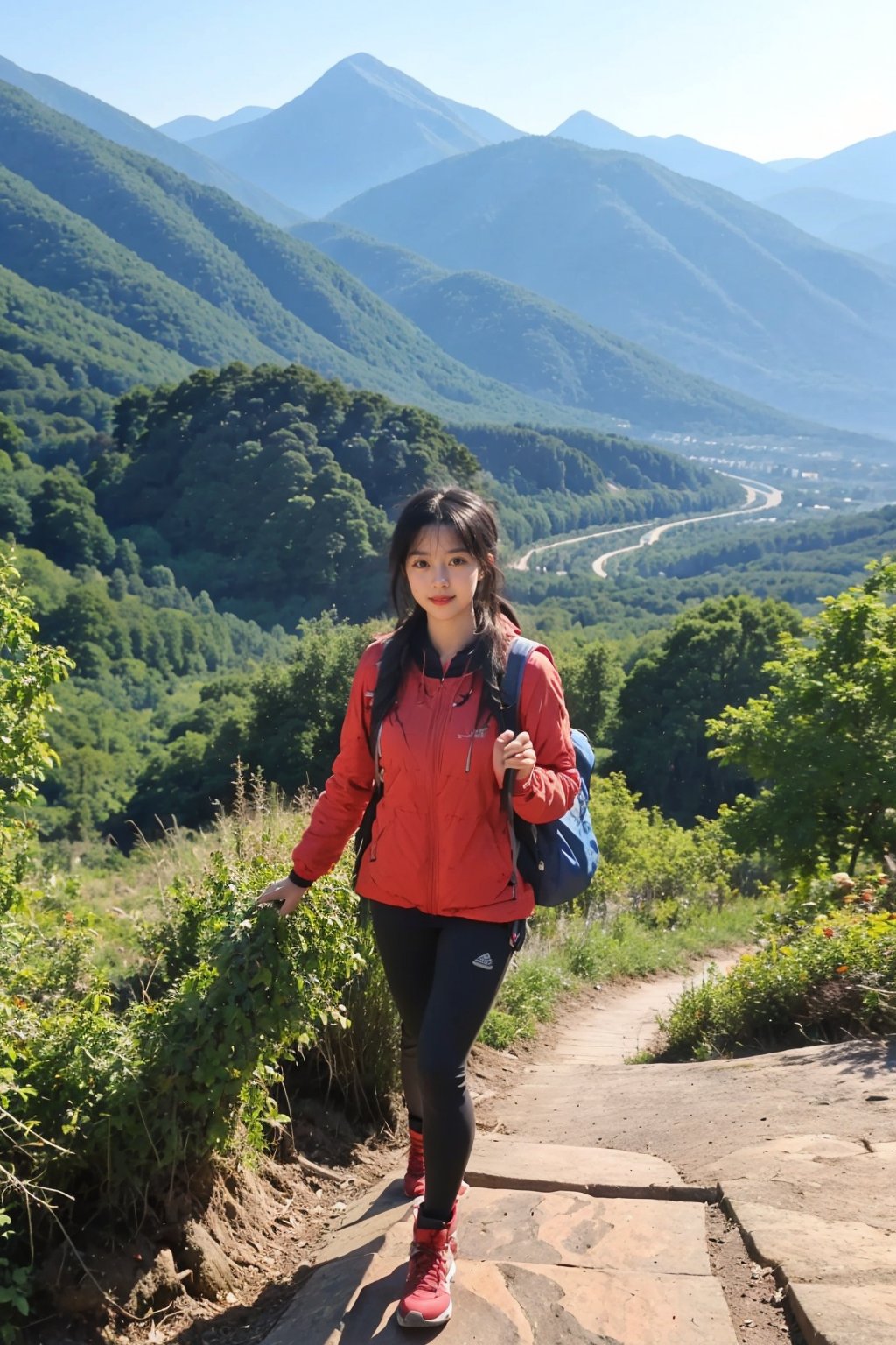 1girl, black hair, young lady, climbing a mountain, full body shot, athletic outfit, hiking boots, backpack, (sunrise:1.2), rocky terrain, greenery, high altitude, clear sky, (vivid colors:1.3), dynamic pose, determined expression, (sweating:0.8), natural light, wide-angle lens, best quality, masterpiece.